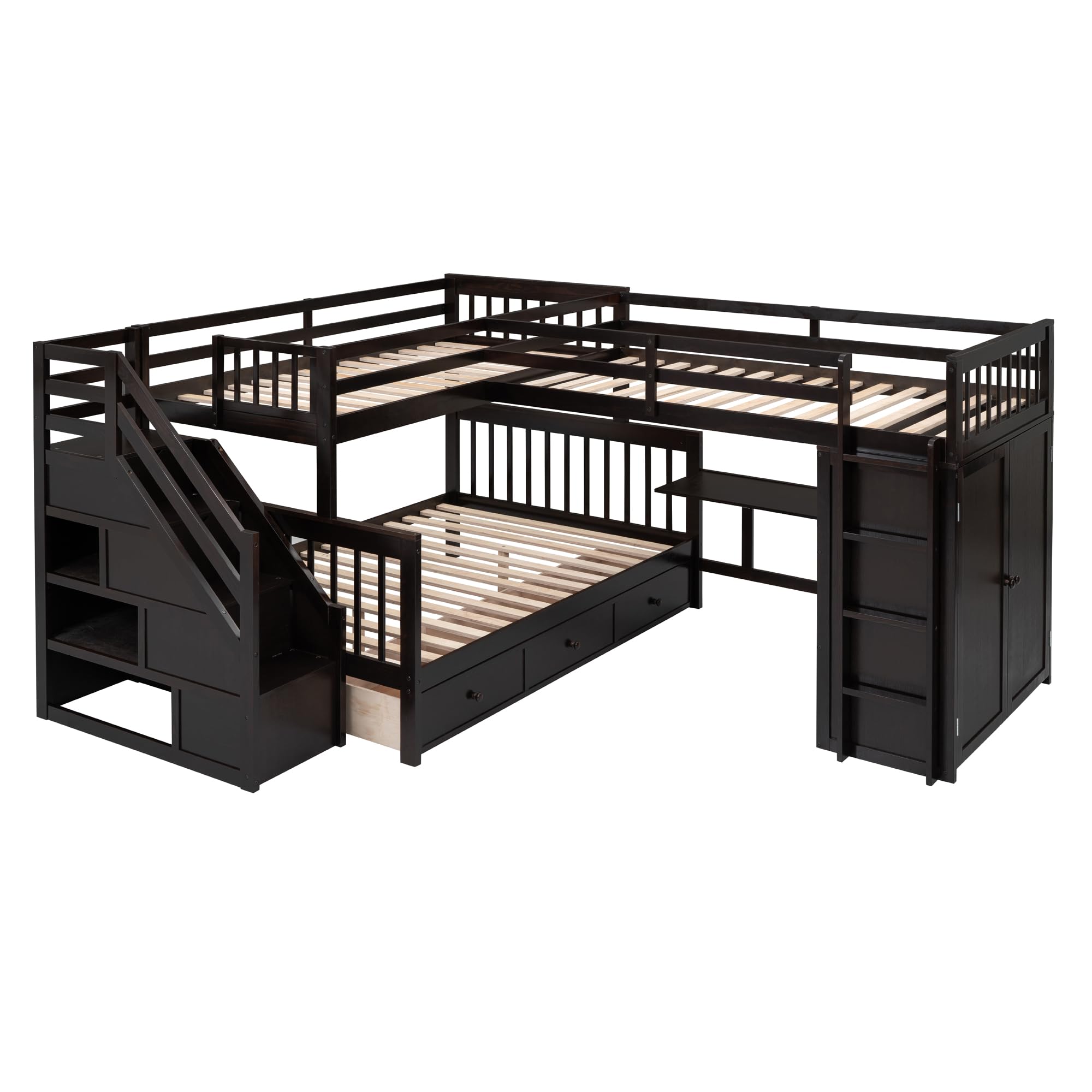 L-Shaped Triple Bunk Bed with Storage Staircase, Wardrobe, Desk & Drawers - Solid Wood Space-Saving Bunk Bed for 3 Kids, Teens or Adults (Twin Over Full, Espresso Finish) - Perfect for Small Bedrooms, Guest Rooms & Shared Kids' Rooms