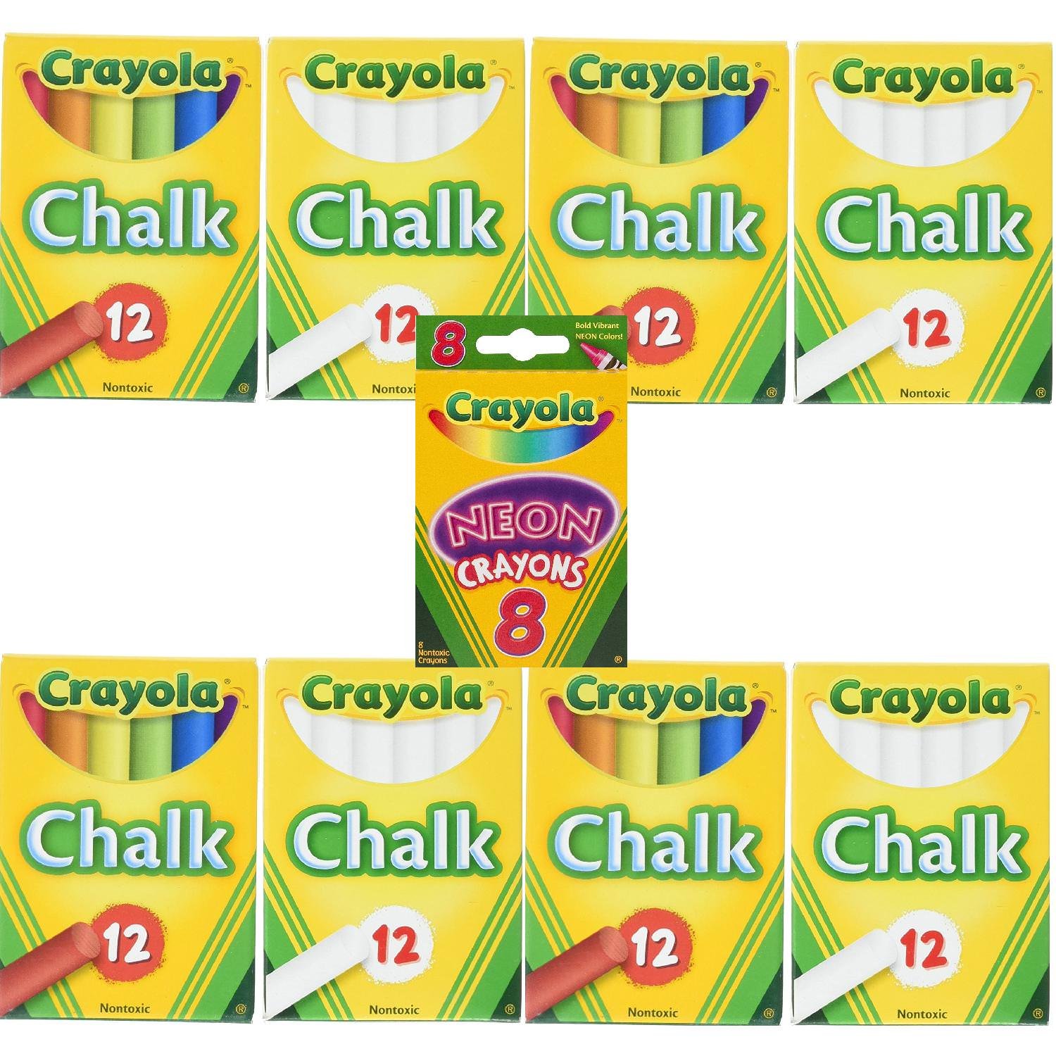 Crayola Non-Toxic White & Colored Chalk Set - 12 Count Each (4 Packs) with Neon Crayons - Perfect for Classroom, Sidewalk Art & Kids' Creative Activities