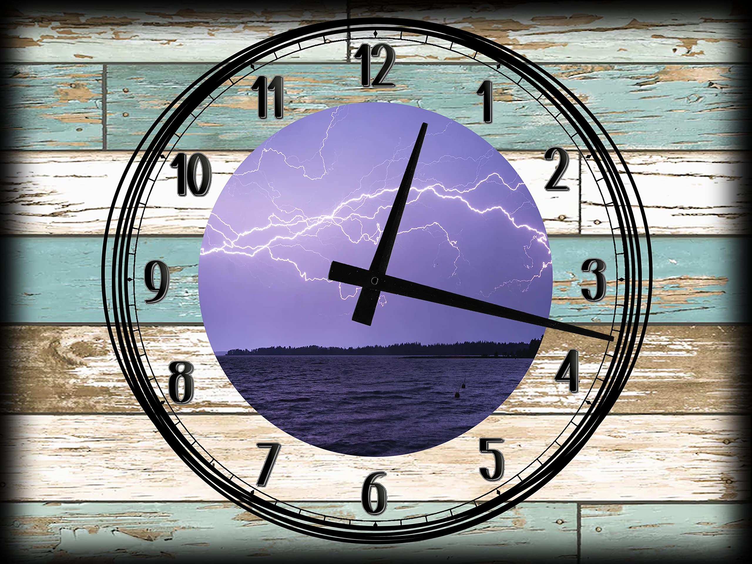 EVH Prints Large Teal White Wood Grain Wall Clock - Coastal Ocean Canvas Art - Navy Blue Wall Decor with Lightning Storm Design (12x16 Inch) - Perfect for Beach House, Living Room & Office Decor
