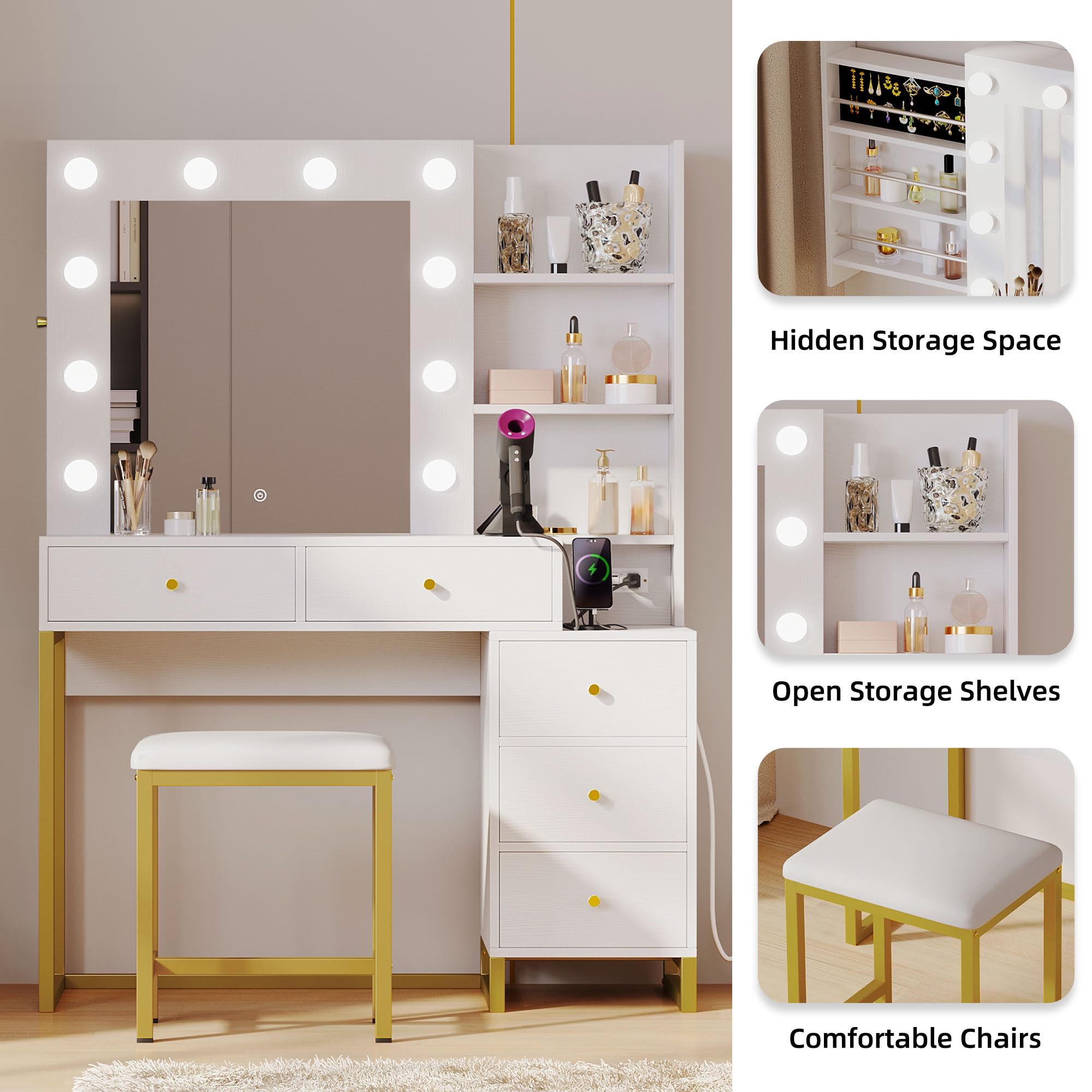 DWVO White Vanity Desk with LED Lighted Mirror - 3 Color Lighting, 5 Drawers & Hidden Jewelry Storage - Makeup Dressing Table Set with Power Outlet & Cushion Stool - Perfect for Bedroom, Bathroom & Home Beauty Salon