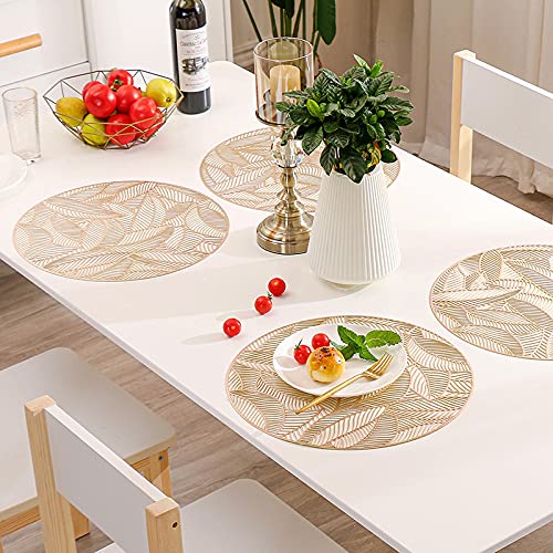 VALINK Round Placemats Set of 4 - Heat Resistant Non-Slip Table Mats for Dining, Coffee, and Restaurants - Decorative Hollow Design with Leaf Pattern - Perfect for Home, Kitchen, and Office Use