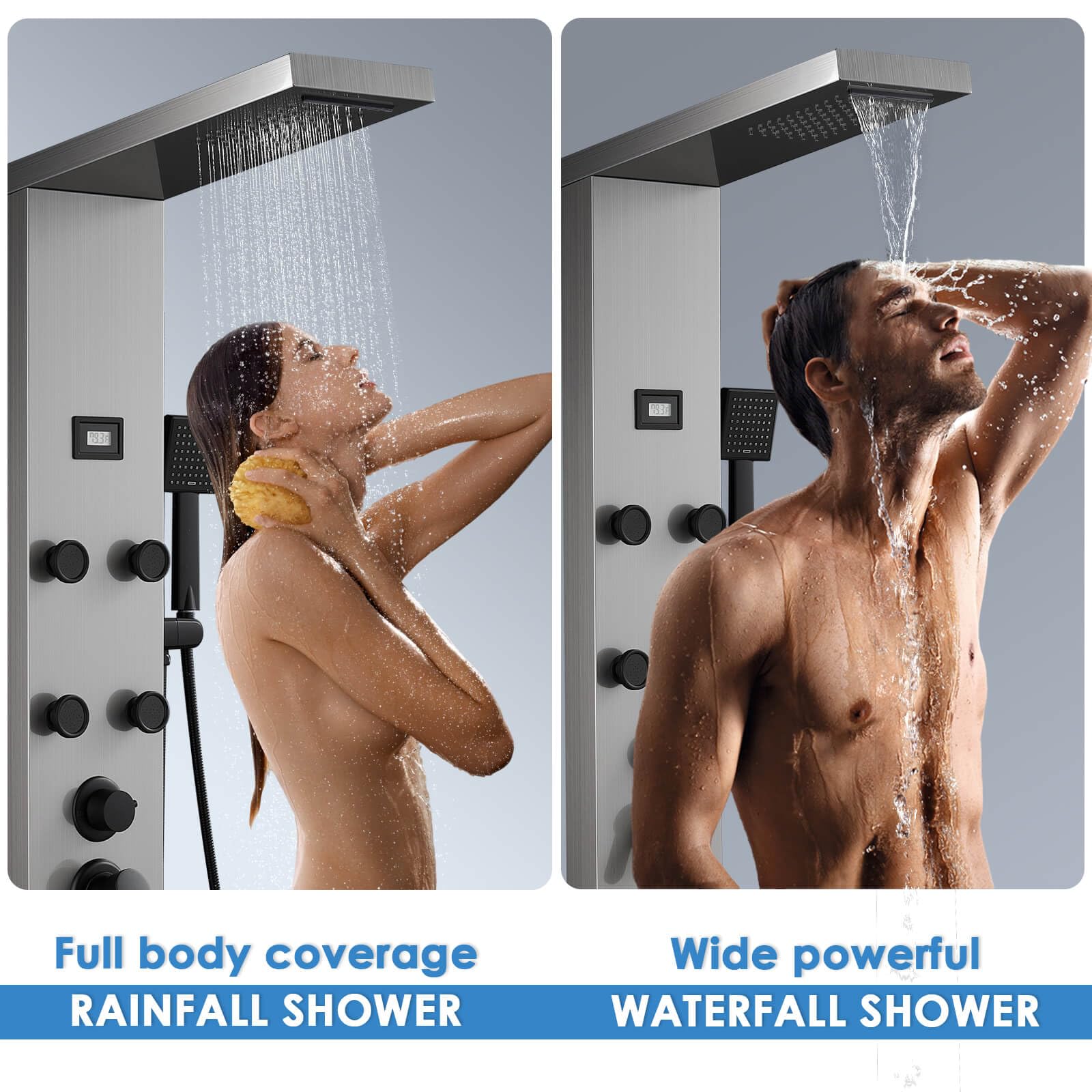 ROVOGO Stainless Steel Shower Panel Tower System - 6 Body Jets, Rainfall & Waterfall Shower Head, Handheld Sprayer, Temperature Display, Brushed Black Fixtures - Perfect for Luxury Bathroom Renovation & Spa-Like Shower Experience
