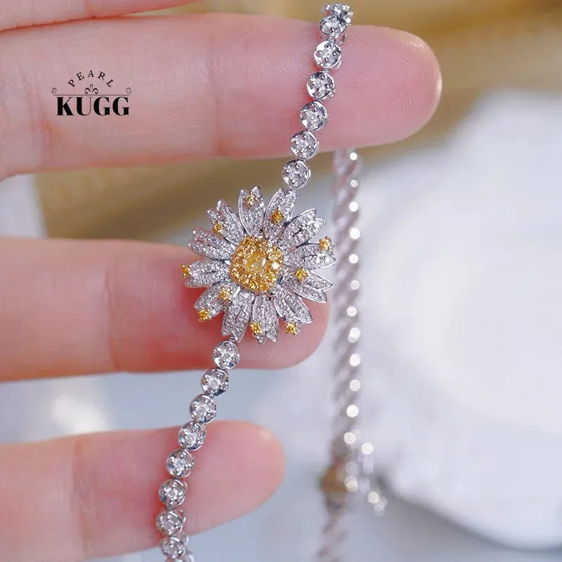 18K White Gold Daisy Bracelet for Women - Real Natural White & Yellow Diamond Wedding Jewelry | Elegant Daisy Design, High-Quality Gift for Brides, Anniversaries & Special Occasions
