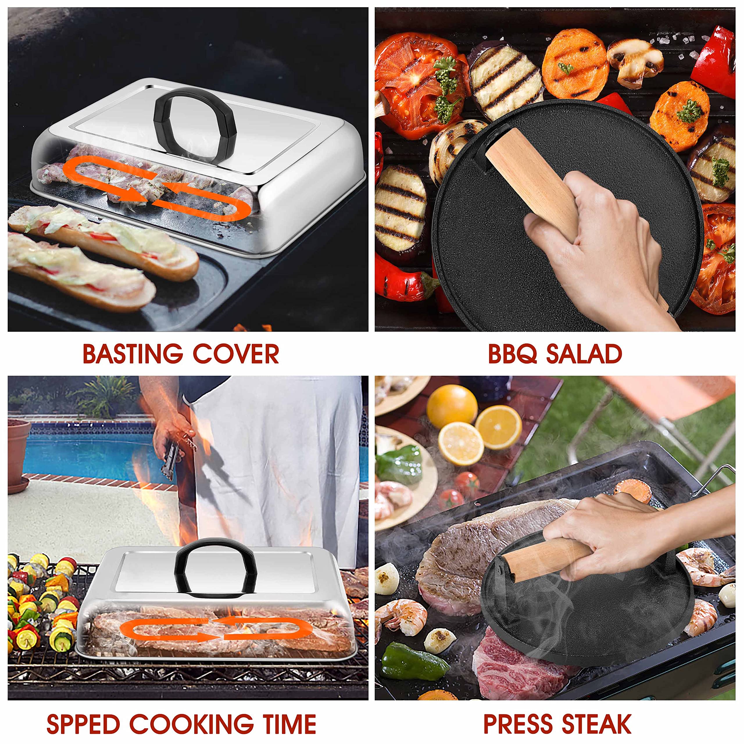 HaSteeL 13 x 9.75 Inch Melting Dome & 7 Inch Burger Press Set - Rectangular Basting Steam Cover with Bacon Press - Heavy Duty Metal Griddle Accessories for Flat Top Grill, Teppanyaki, Hibachi, BBQ - Perfect for Burgers, Melting Cheese & Cooking Bacon - Easy to Clean & Durable