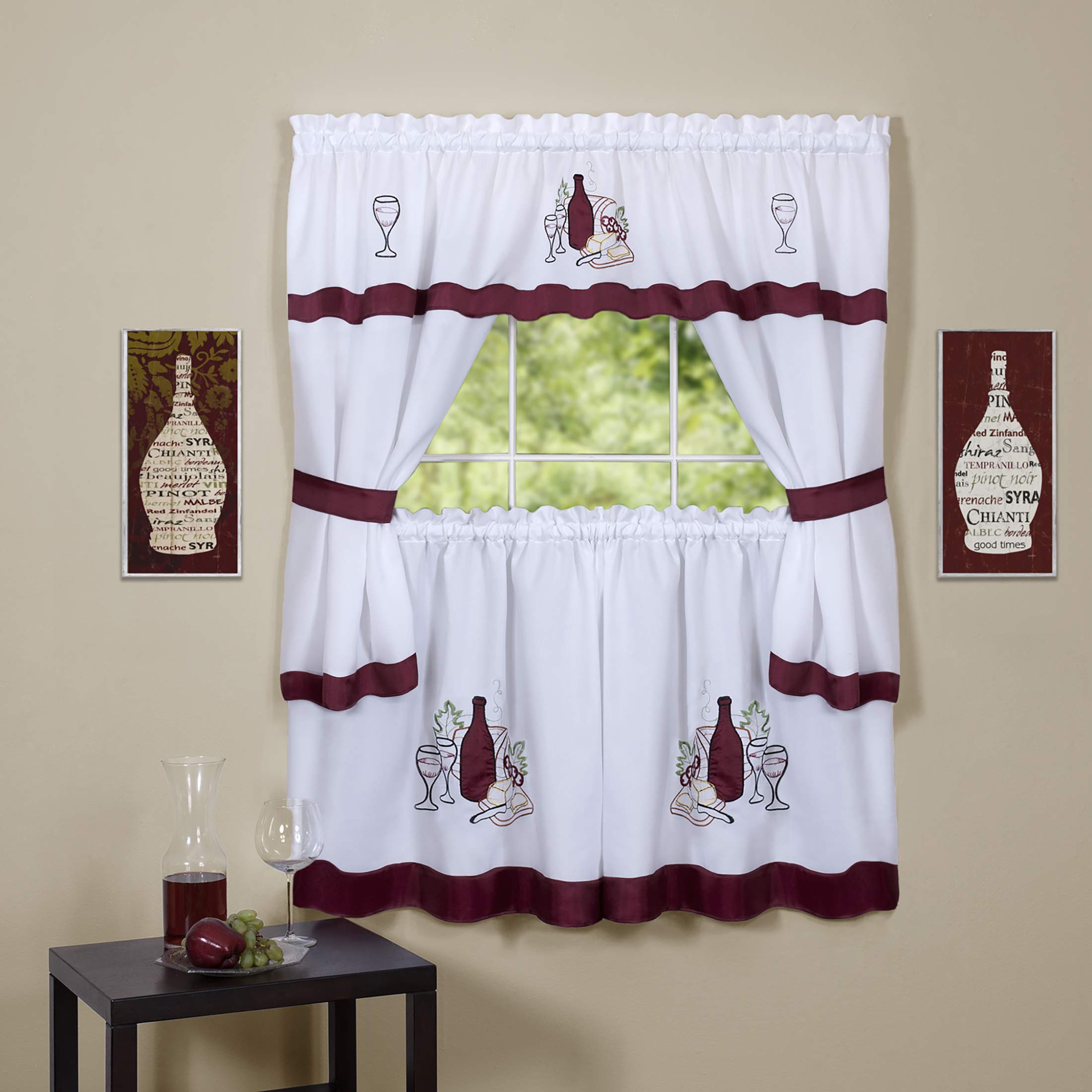 5-Piece Cottage Kitchen Curtain Set - Tier Panels & Valance - Burgundy 59