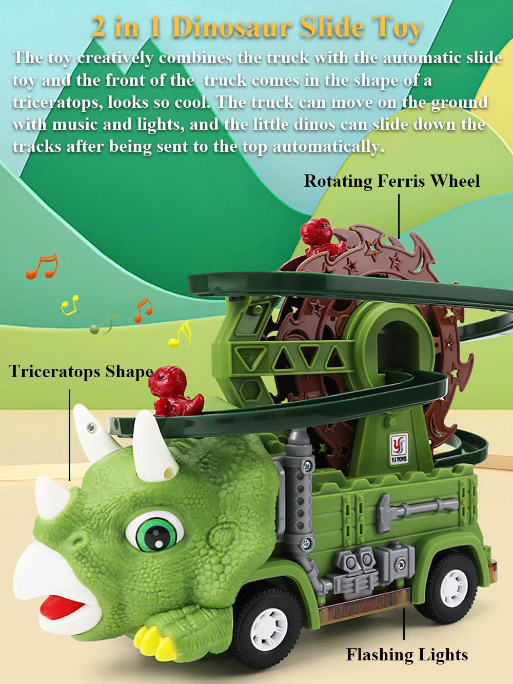 2 in 1 Dinosaur Slide Toy Set - Triceratops & T-Rex Automatic Sliding Track with Ferris Wheel & Race Truck - STEM Educational Toys for Kids Ages 3-8 - Perfect for Birthday Gifts & Indoor Playtime