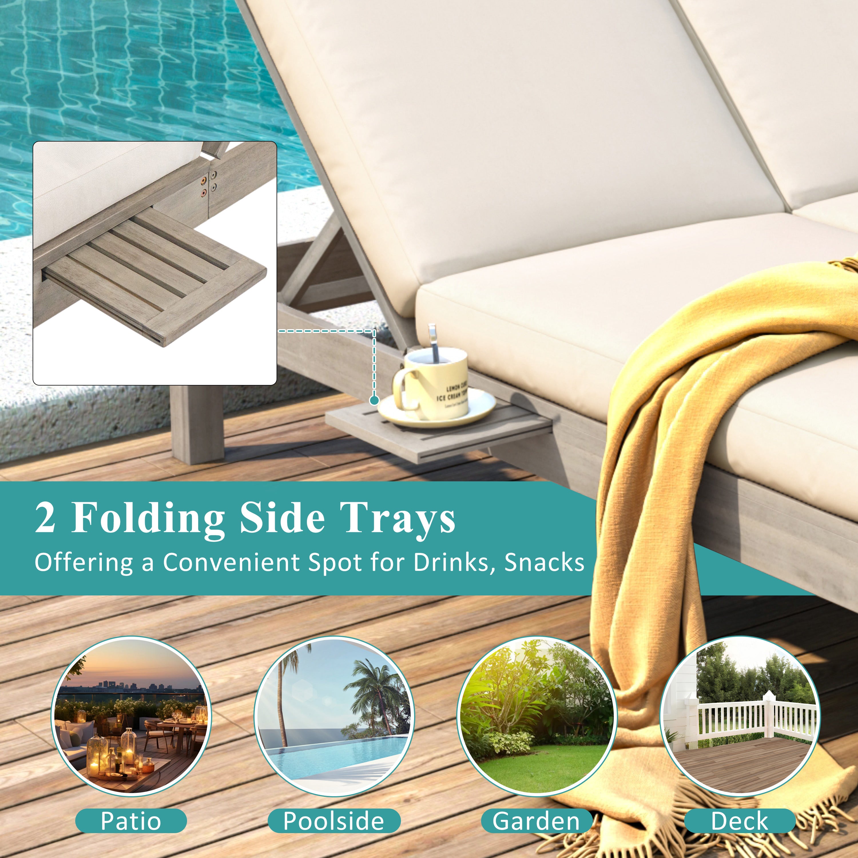 5-Position Adjustable Backrest Outdoor Chaise Lounge Daybed with Cushion & Folding Side Trays - Patio Poolside Garden Furniture for 2 People - Perfect for Sunbathing, Relaxing by the Pool or Backyard Lounging