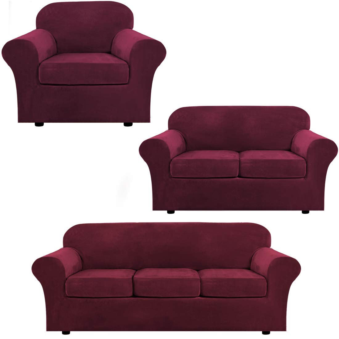 H.VERSAILTEX Velvet Stretch Sofa Covers Set - 3 Cushion Couch, 2 Cushion Loveseat & Armchair Slipcovers (Burgundy) | Soft Protective Furniture Covers for Living Room, Bedroom & Home Decor