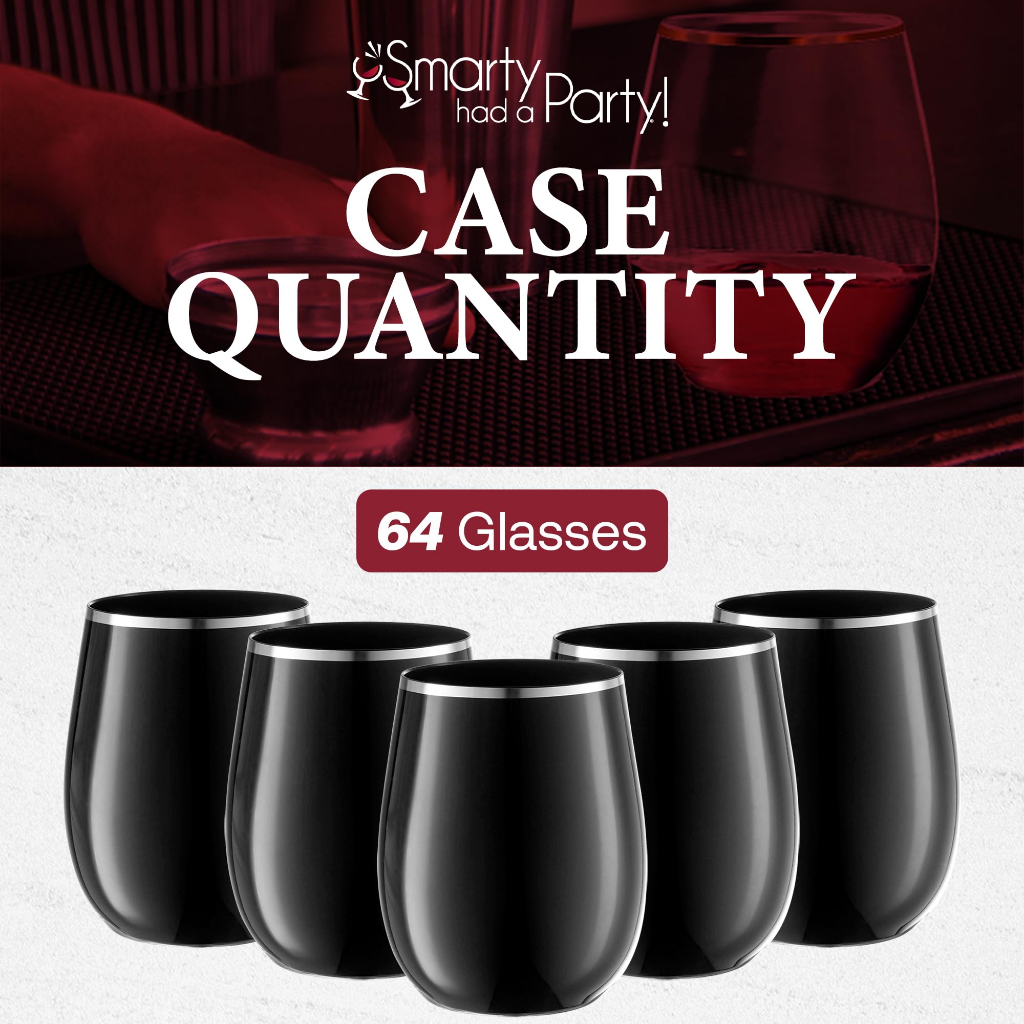 Smarty Had A Party 12 oz Stemless Plastic Wine Glasses – 64 Pack Black Disposable Cups with Silver Rim, Shatterproof Drinkware for Weddings, Parties & Events – Perfect for Outdoor Gatherings, BBQs & Celebrations