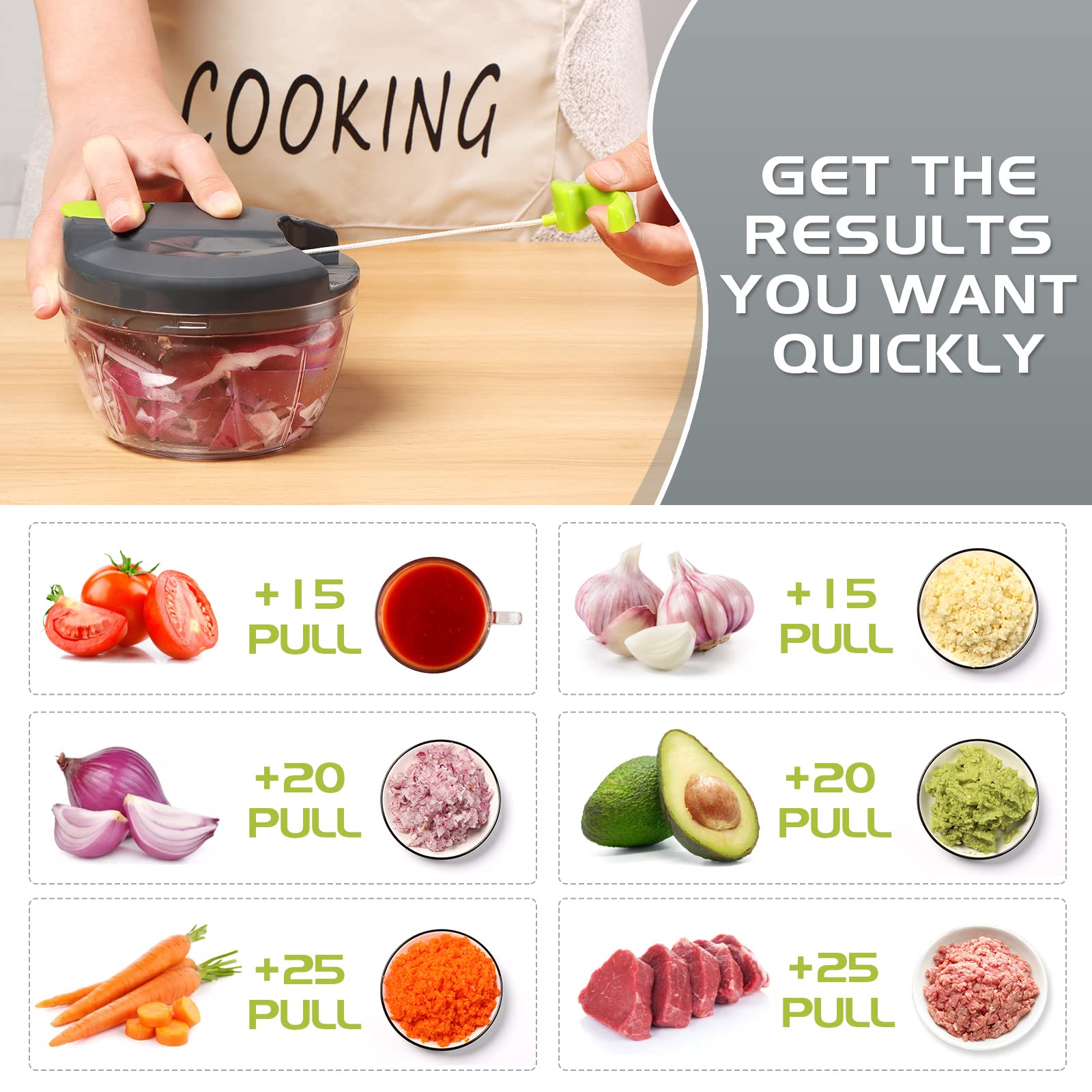 Sinnsally 520ml Manual Food Chopper - Pull String Hand Operated Vegetable Dicer, Onion Slicer, Garlic Press & Shredder for Kitchen - Perfect for Chopping Herbs, Nuts & Meal Prep