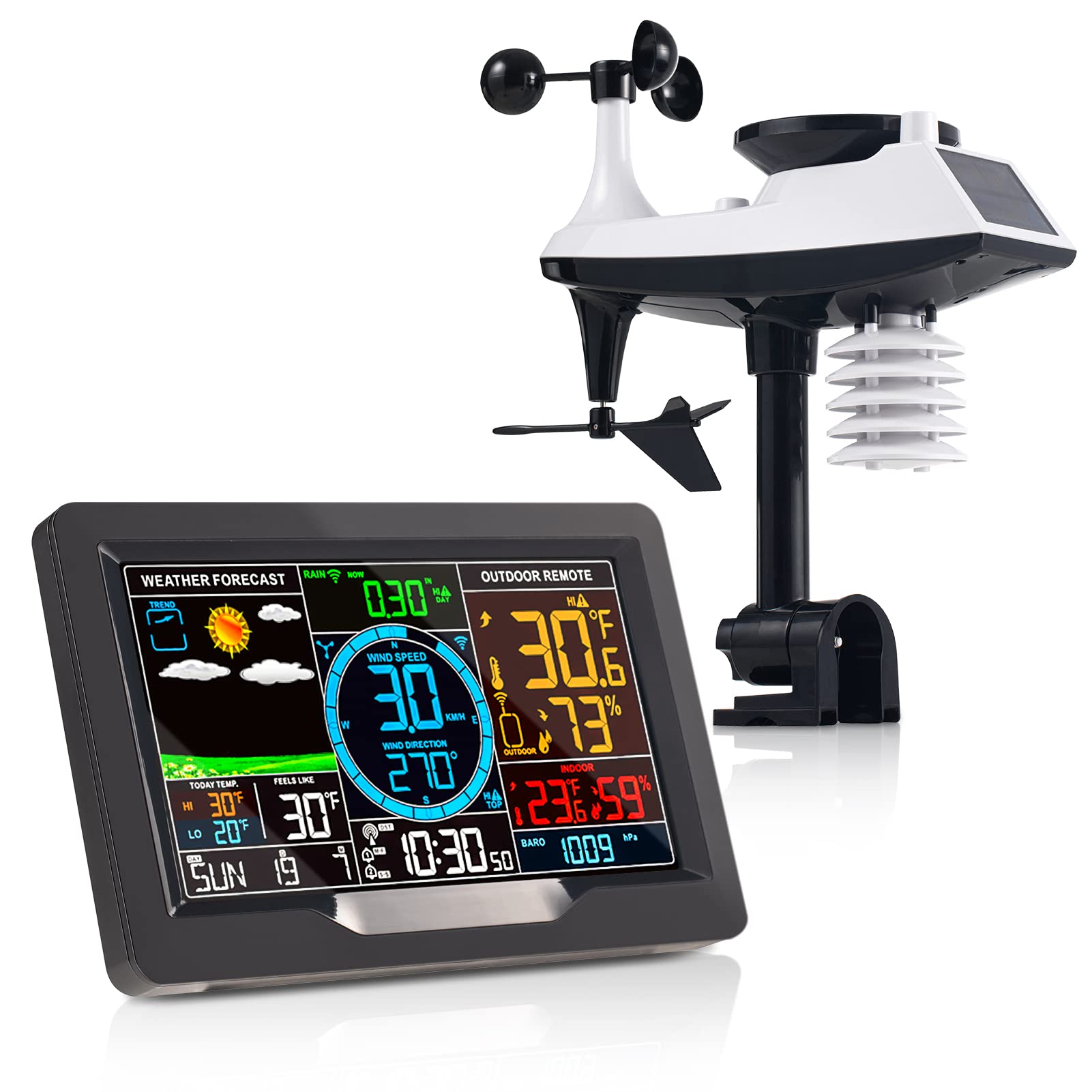 Wireless Weather Station with Indoor/Outdoor Thermometer, Rain Gauge, Wind Speed & Direction Sensor - Atomic Clock with Color Display for Home, Garden & Professional Use