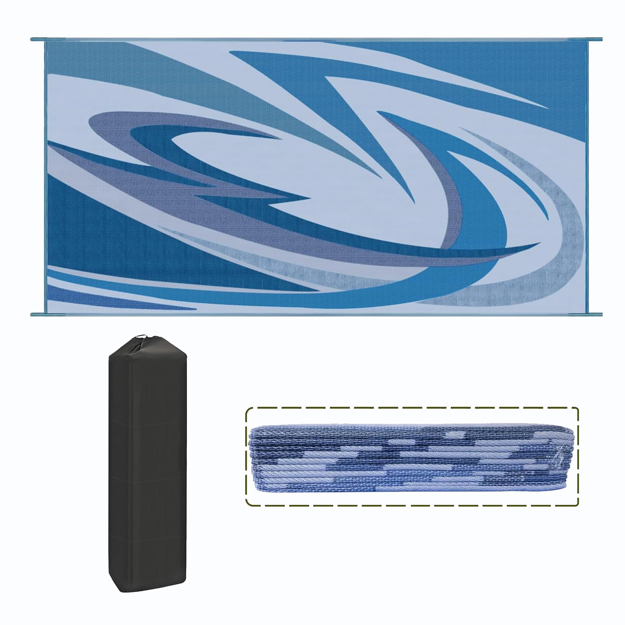 EEZ RV Heavy Duty Reversible Outdoor Camping Mat - Waterproof Durable Patio Rug for RV, Picnic, Beach & Backyard - Includes Storage Bag & 6 Stake Sets (Perfect for Camping, Tailgating & Outdoor Events)