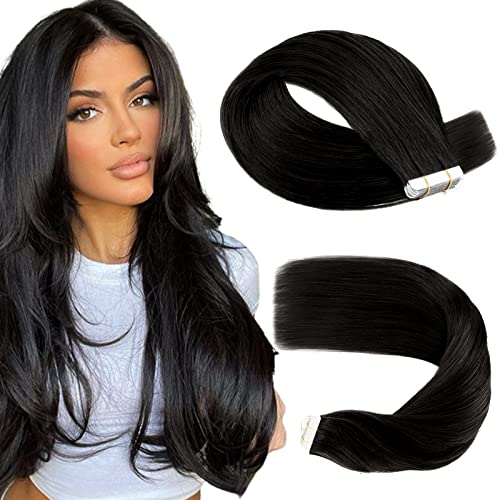 Premium Sassina Remy Tape-in Human Hair Extensions 18 Inch - Invisible Tape-in Extensions (Color 20, 50g, Jet Black #1) - 20 Pieces for Natural Volume & Length - Perfect for Daily Wear, Special Occasions & Styling