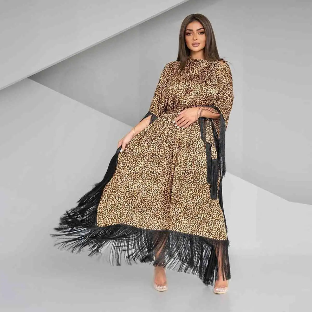 Leopard Print Tassel Sleeve Caftan Dress for Women - Boho Chic Beach Cover Up, Pool Party, Vacation & Summer Outfit