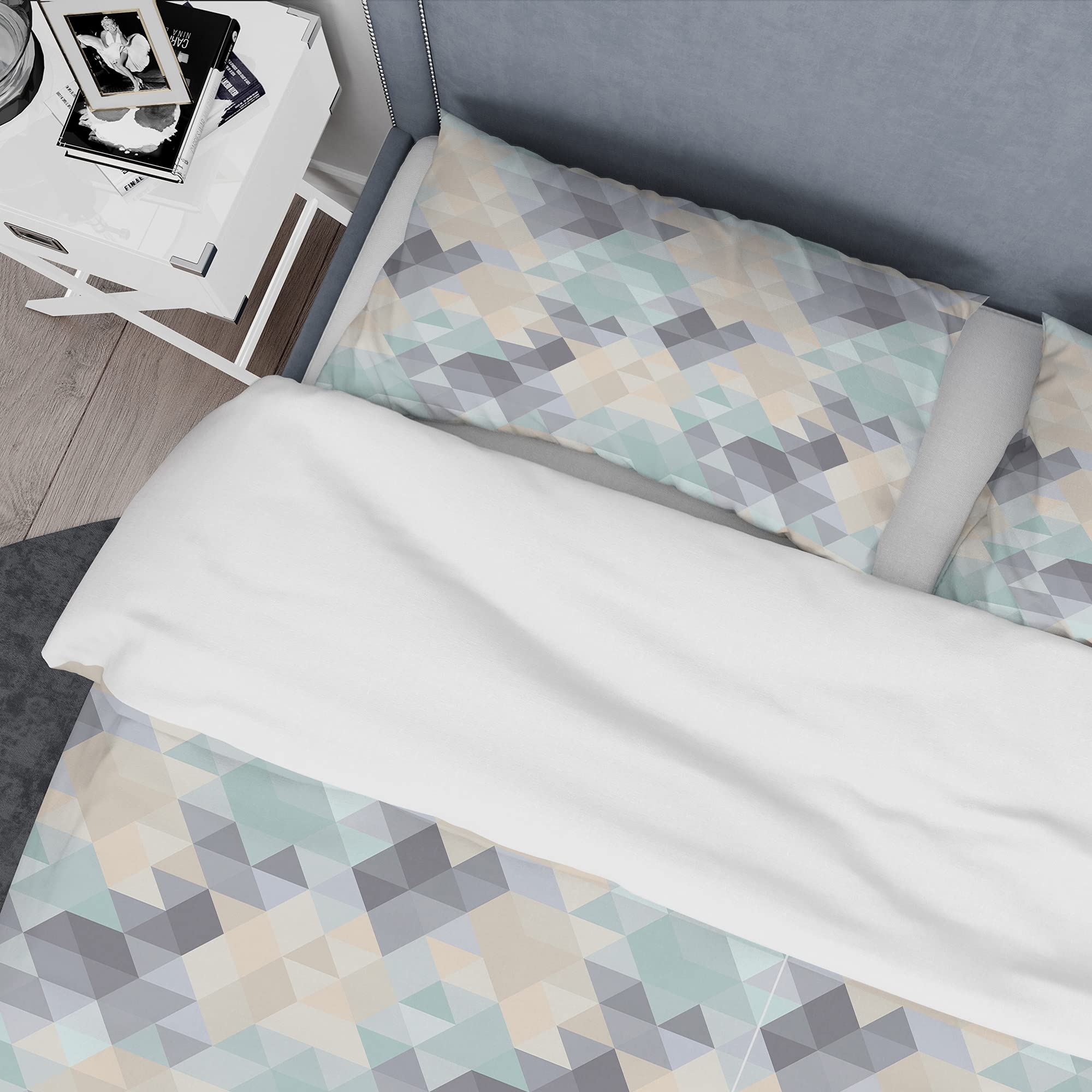 Modern Blue & Beige Geometric Duvet Cover King - 3pc All-Season Bedding Set for Contemporary Bedrooms