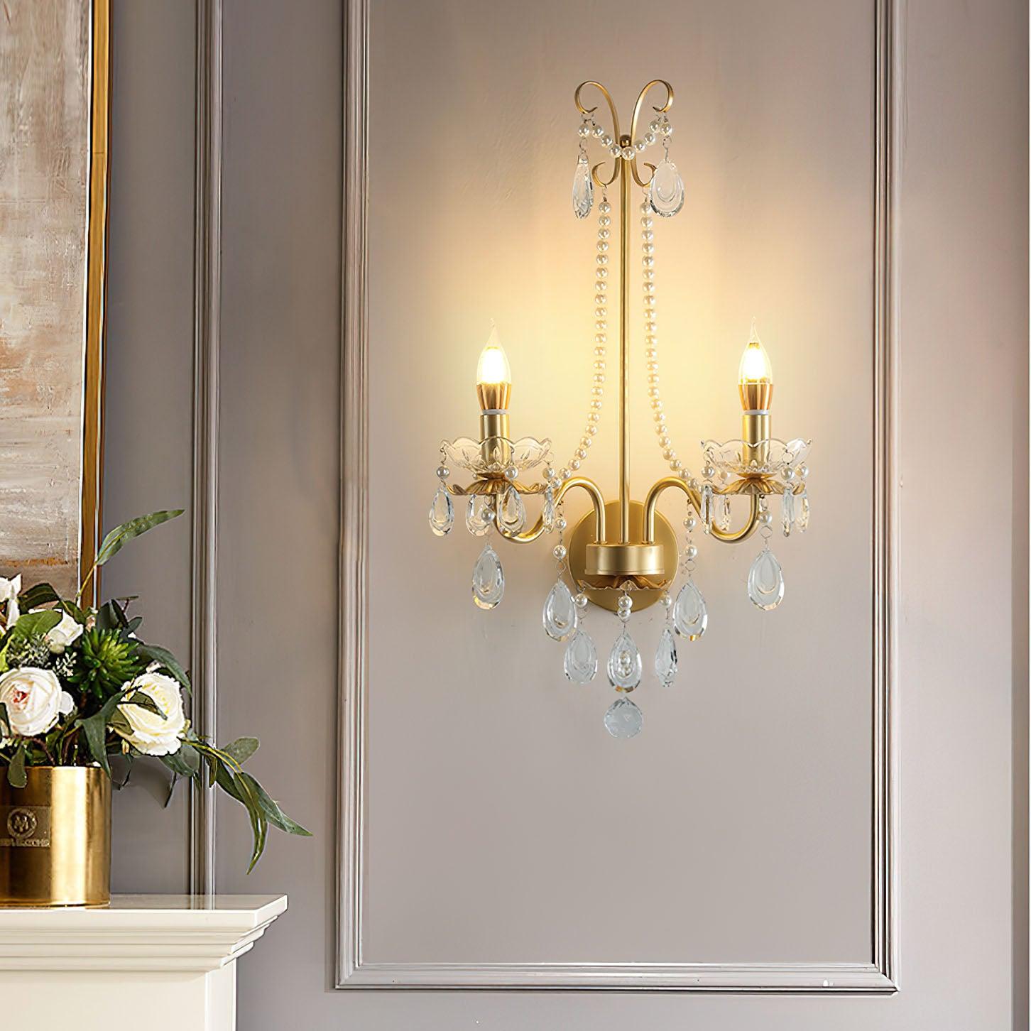 Elegant Crystal Pearl Chain Wall Lamp - Modern LED Sconce Light for Bedroom, Living Room, and Hallway Decor - Dimmable Ambient Lighting for Home & Office