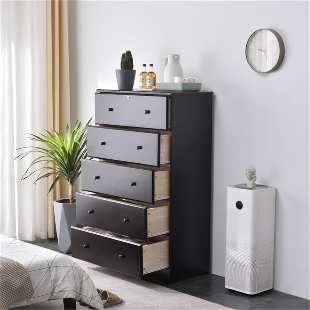 Better Home Products Isabela Solid Pine Wood 5-Drawer Chest Dresser in Tobacco Finish - Perfect for Bedroom Storage, Nursery Organization & Guest Room Furniture