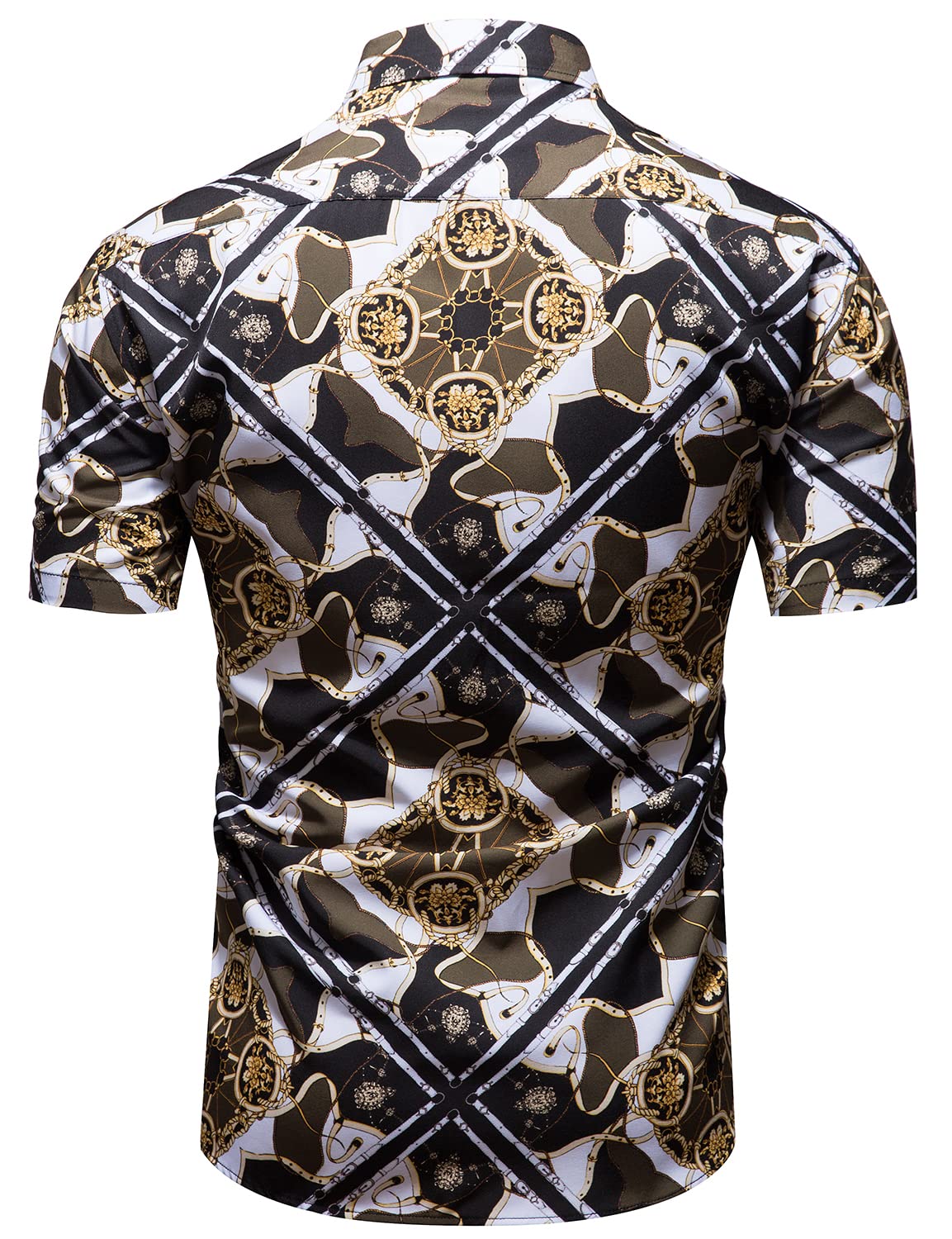 Premium Men's Black & Gold Baroque Print Short Sleeve Dress Shirt - Luxury Chain Design Button Down Casual Shirt for Parties, Weddings & Business Casual Wear