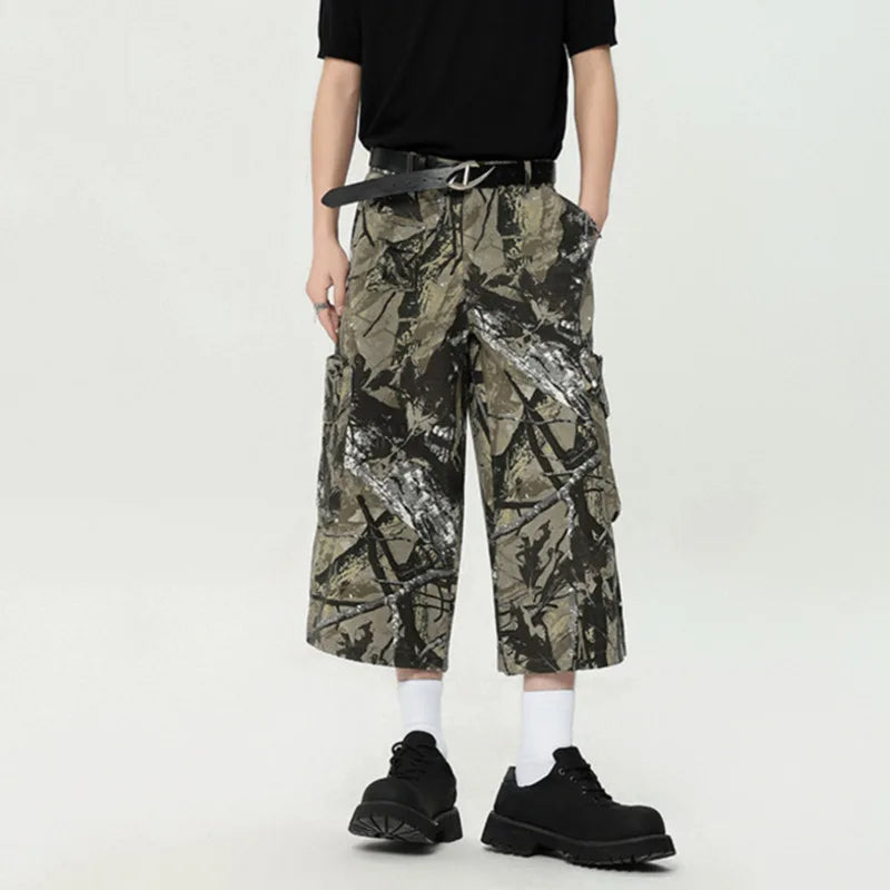 American Style Men's Graffiti Print Cropped Trousers - Summer Fashion Casual Straight Wide Leg Shorts for Men in Camouflage Color (9C6630) | Perfect for Streetwear, Beach Outings & Summer Festivals