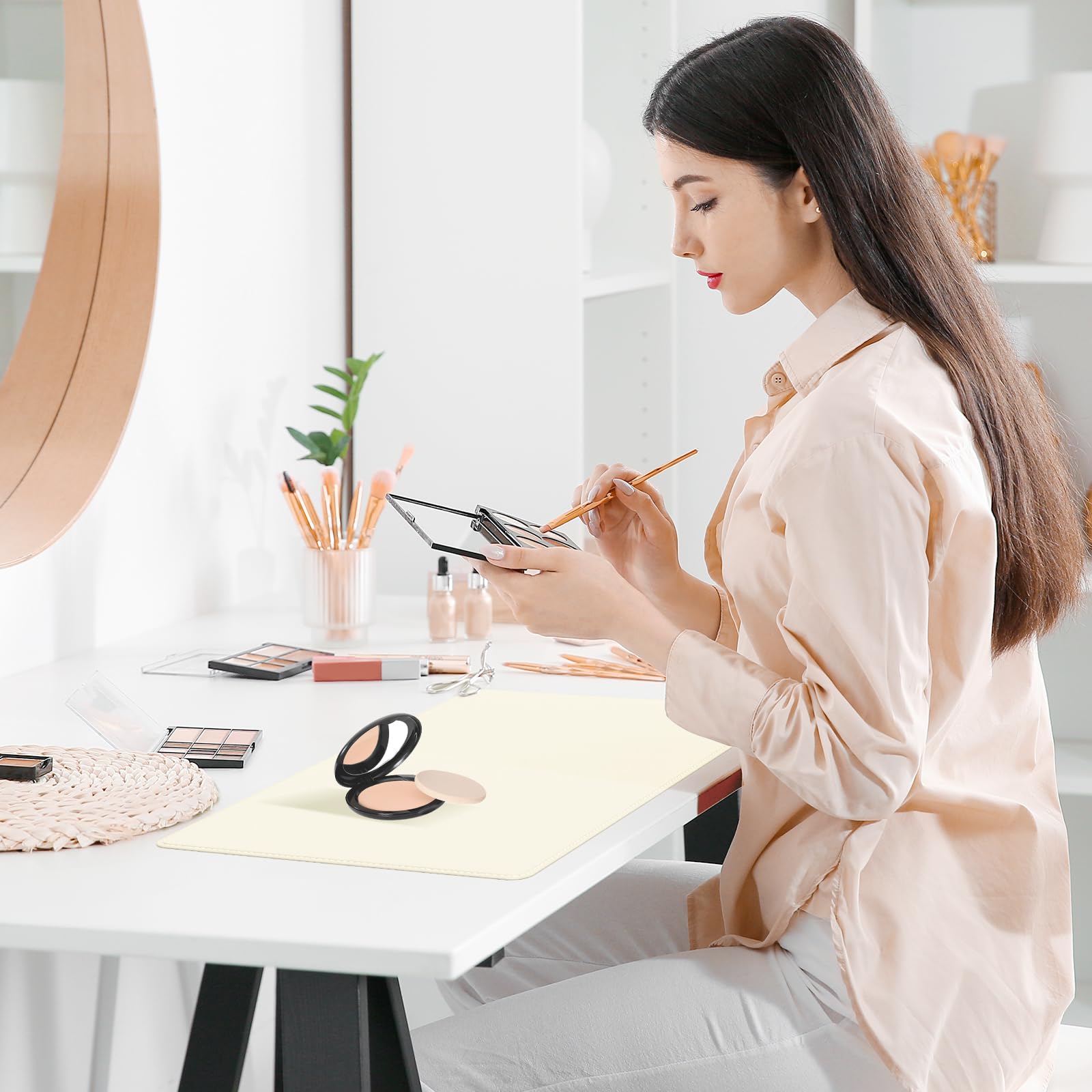 Waterproof Oilproof Makeup Vanity Mat - Dual-Sided Non-Slip Vanity Protector for Makeup Table (23.6x11.8in, Beige) | Perfect for Home Vanity Decor & Beauty Routine Organization