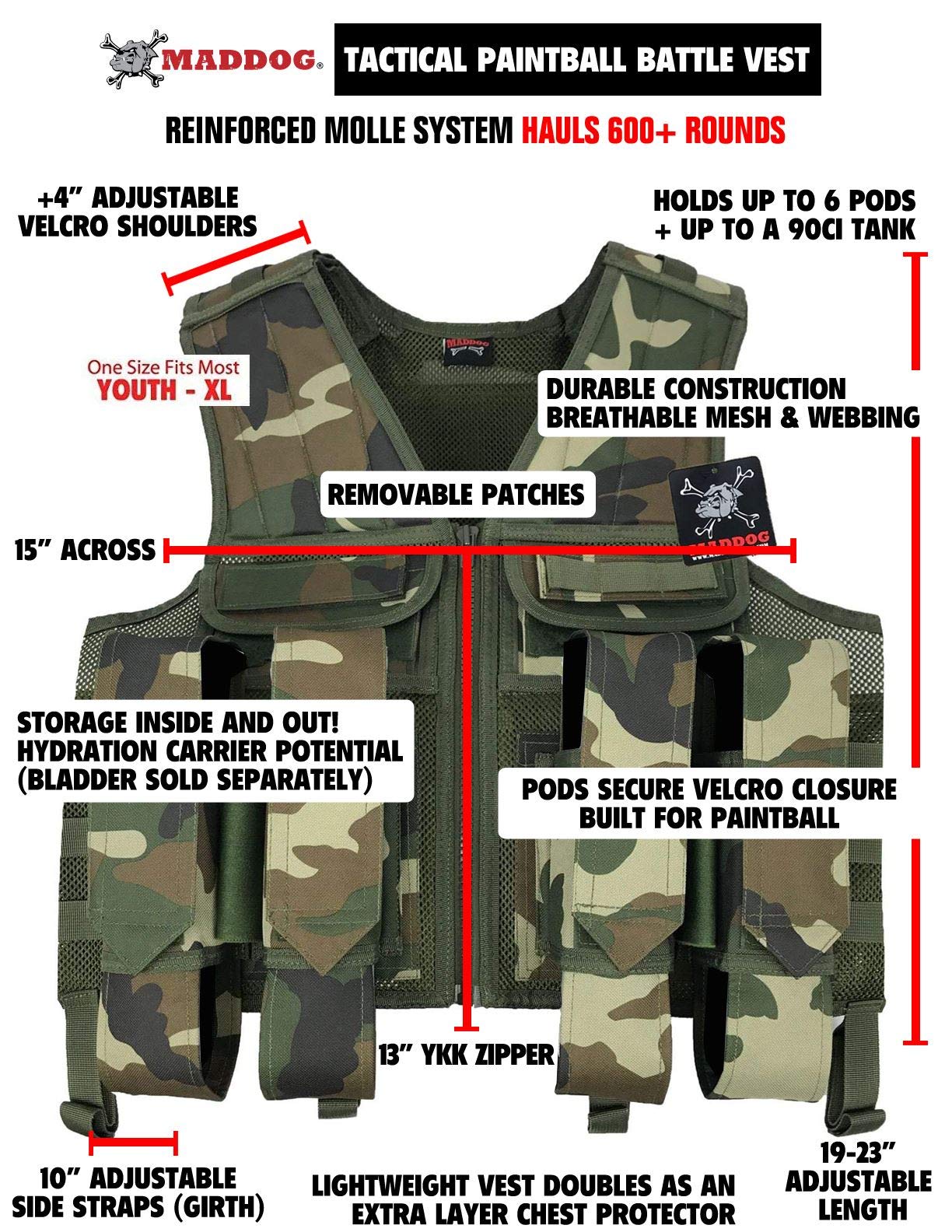 Maddog Tactical Paintball Battle Vest - Woodland Camo Airsoft Vest for Outdoor Sports, Hunting & Military Simulation | Adjustable Molle System & Durable Nylon Construction