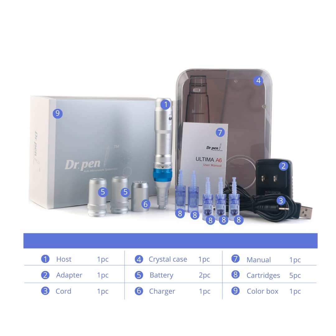 Dr. Pen Ultima A6 Professional Wireless Electric Microneedling Pen Kit - 12pins x2 + 36pins x3 Cartridges for Face & Body Skin Rejuvenation - At-Home Derma Roller Treatment for Acne Scars, Wrinkles & Hair Growth