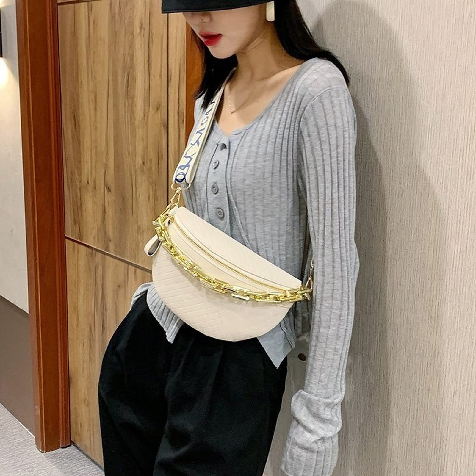 Stylish Thick Chain Plaid Leather Fanny Pack for Women - Luxury Designer Waist Bag, Shoulder Crossbody Chest Bag & Belt Bag (Beige) - Perfect for Travel, Shopping, Concerts & Everyday Use