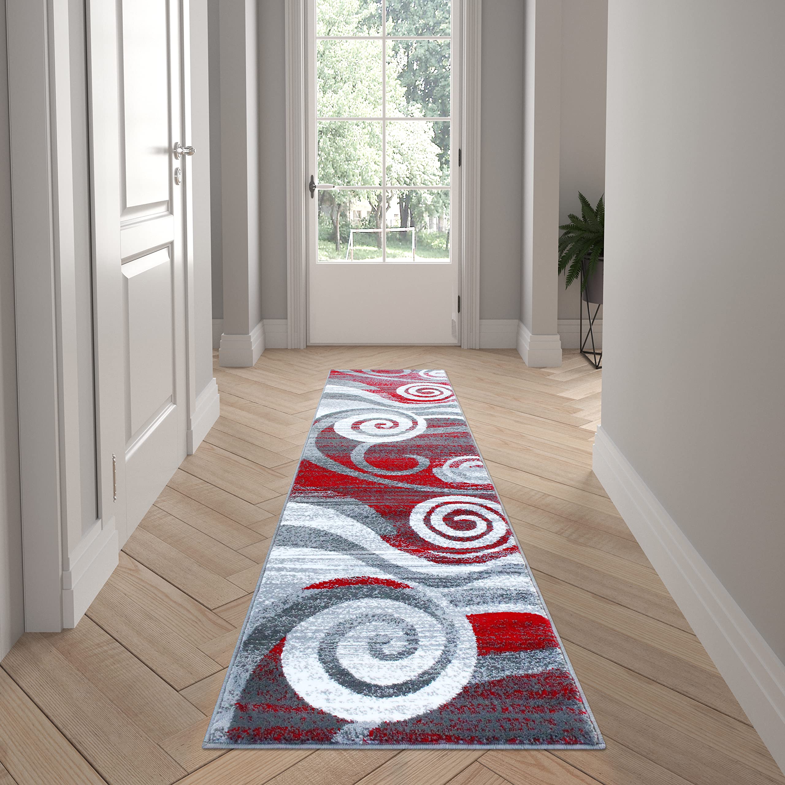 EMMA + OLIVER Ultra Soft Plush Accent Rug - 2x7 Feet Scraped Swirls Design in Red, Gray, Black & White - Easy Care with Jute Backing - Moisture & Stain Resistant - Perfect for Living Room, Bedroom or Nursery Decor