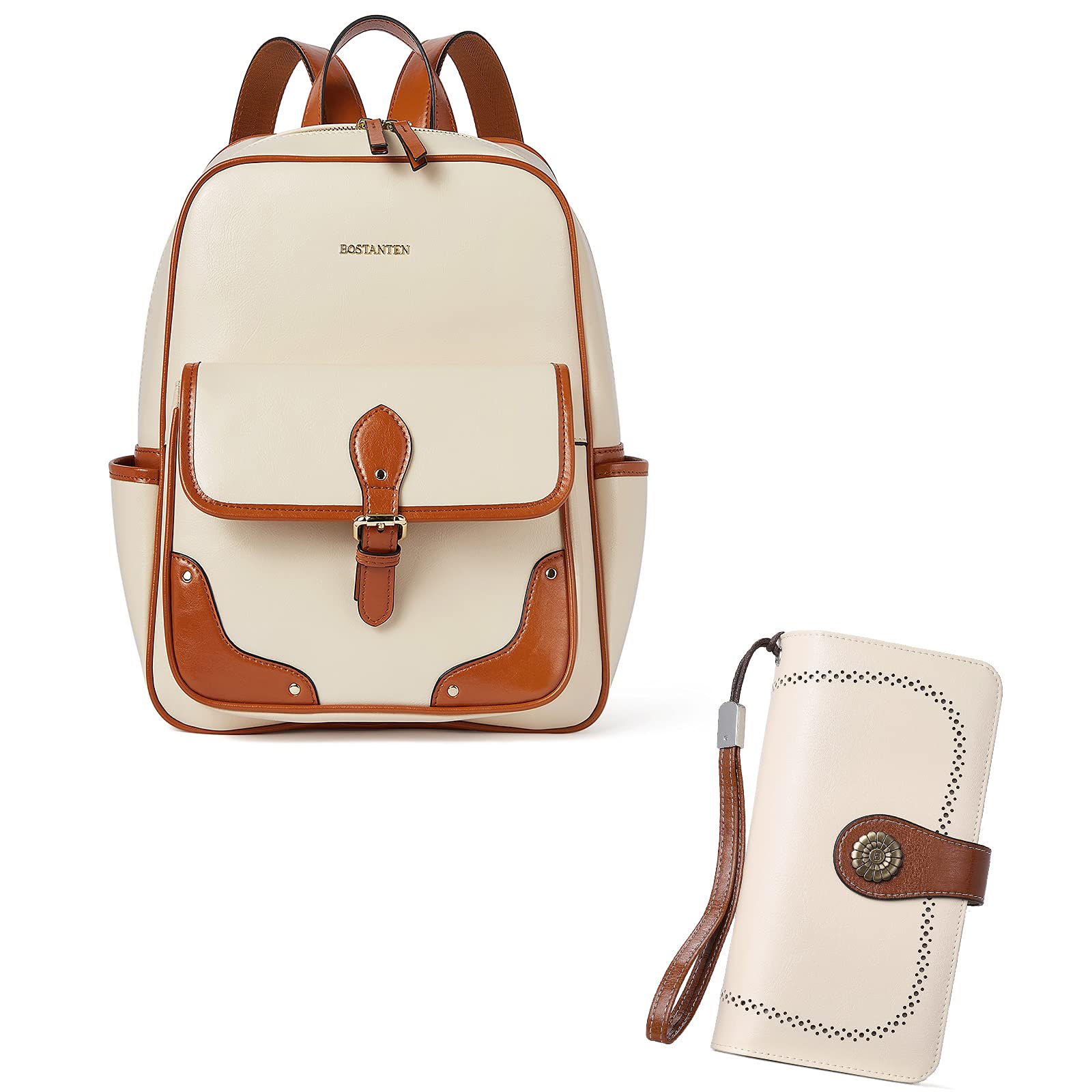 BOSTANTEN Genuine Leather Women's Backpack Purse & RFID Blocking Wallet Set - Small Fashion Backpack with Large Capacity Wristlet Clutch, Credit Card Holder - Beige & Brown for Work, Travel & Daily Use