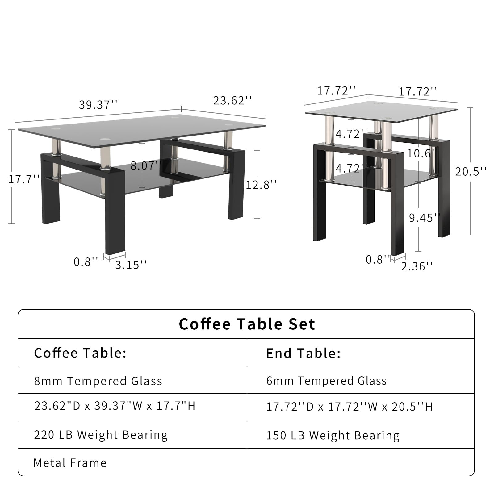 Modern Black Glass Coffee Table Set - 3 Piece Living Room Furniture with Metal Frame & Tempered Glass (1 Coffee Table + 2 End Tables) - Perfect for Small Spaces, Apartments, Home Offices - Ideal for Living Room Decor, Family Gatherings & TV Lounge Areas
