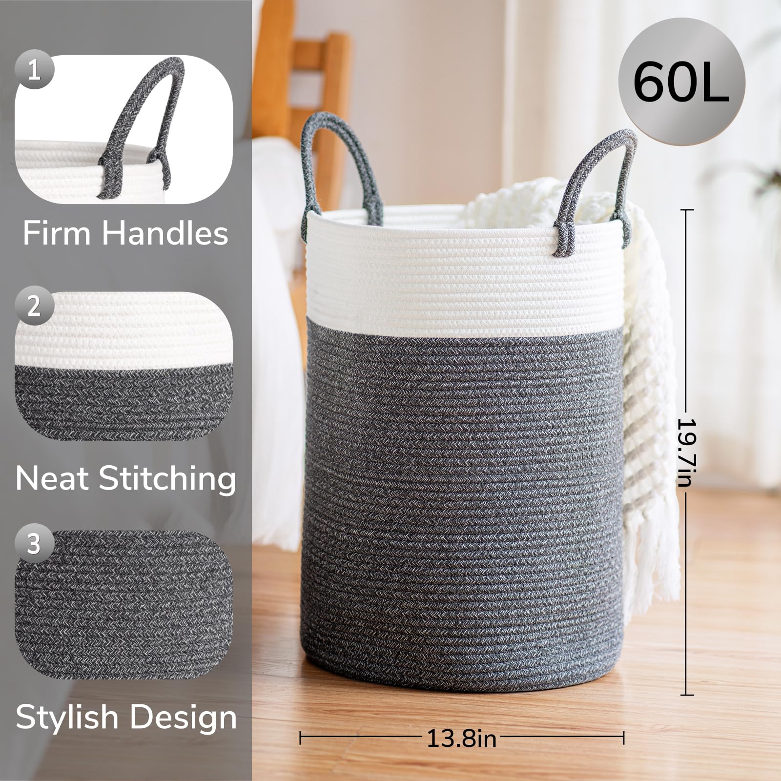 INDRESSME 60L Large Laundry Basket with Handles - Blanket Storage Basket, Kids Toy Organizer, Clothes Hamper for Bedroom - 19.7 x 13.8 Inches - Perfect for Nursery, Dorm Room & Laundry Room Organization
