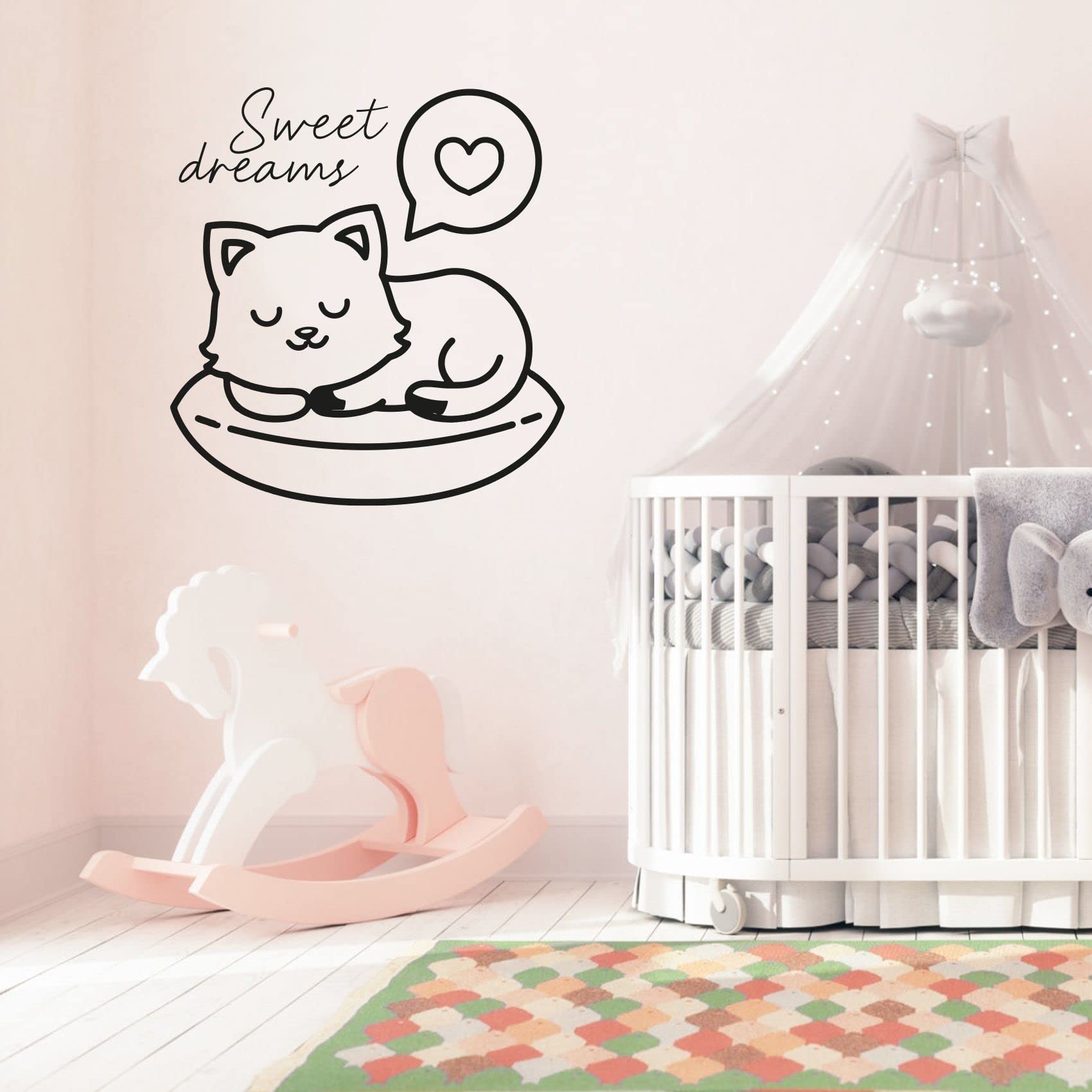 Sweet Dreams - Cute Kitten Sleeping Silhouette Vinyl Wall Sticker (20x18 inch) | Good Night Quotes Nursery Decor for Boys & Girls | Perfect for Kids' Bedroom, Nursery & Kindergarten Decoration