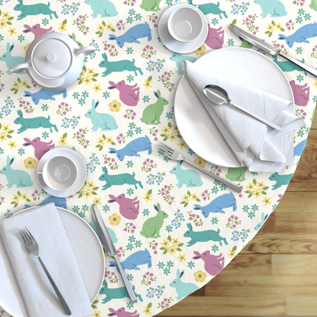 Custom Printed Spoonflower Cotton Sateen Tablecloth - 90 Inch Round Springtime Bunnies White Rabbits Easter Purple Rainbow Design for Dining Decor | Perfect for Easter Brunch, Spring Parties & Kids Birthday Celebrations