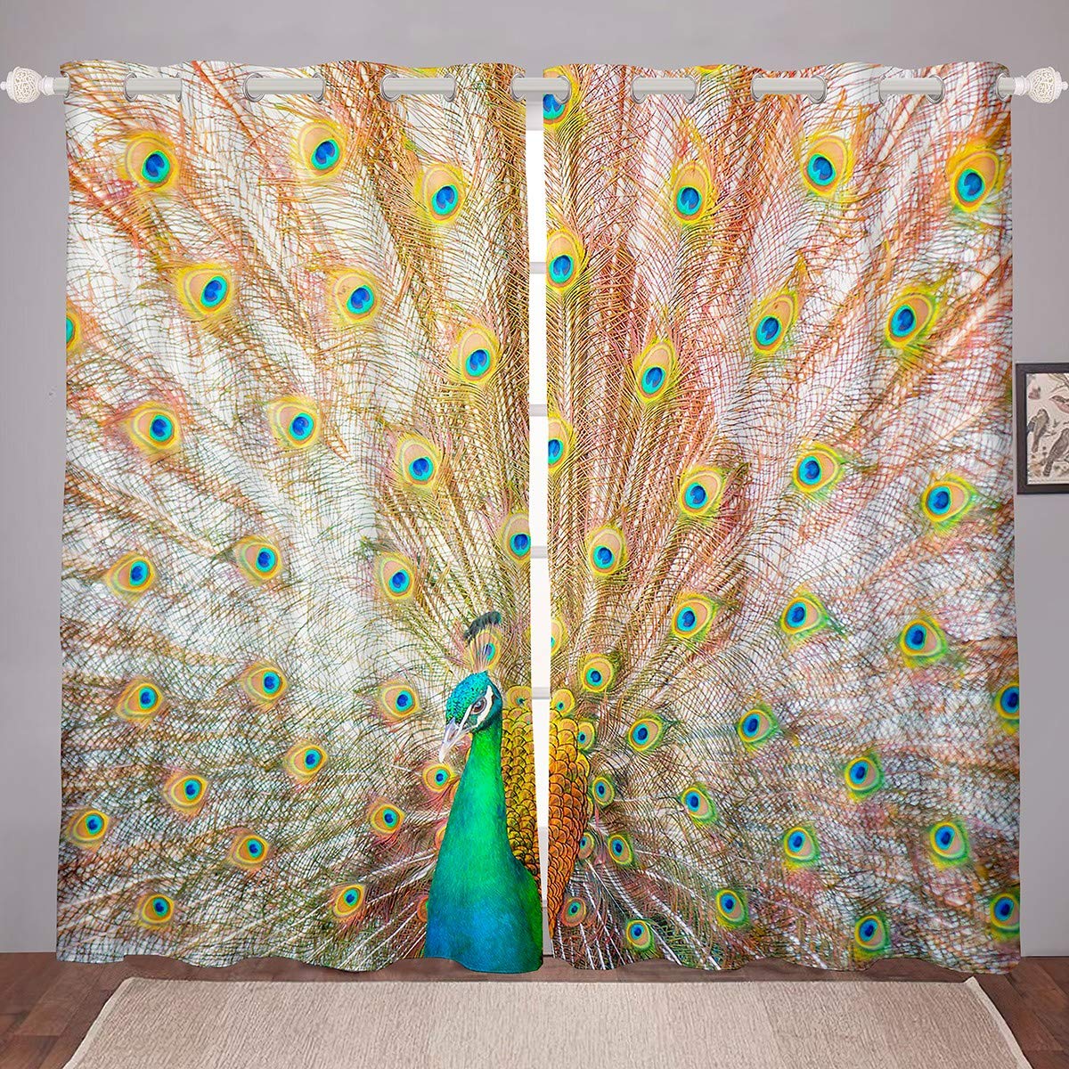 Peacock Feather Blackout Curtains for Bedroom & Living Room - 52x90 Inch Luxury Darkening Drapes with Animal Theme Design (Set of 2 Panels) - Perfect for Home Decor, Nursery, Kids Room & Office Privacy