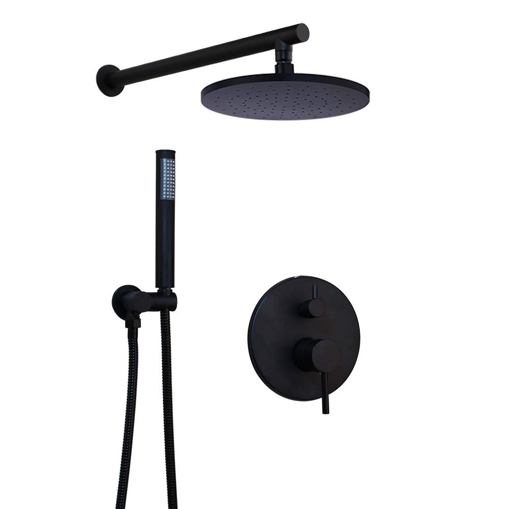 OUBONI 8 Inch Matte Black Round Rainfall Shower Faucet Set - Wall Mounted Rain Shower Mixer with Handheld Sprayer | Modern Bathroom Upgrade for Spa-Like Experience
