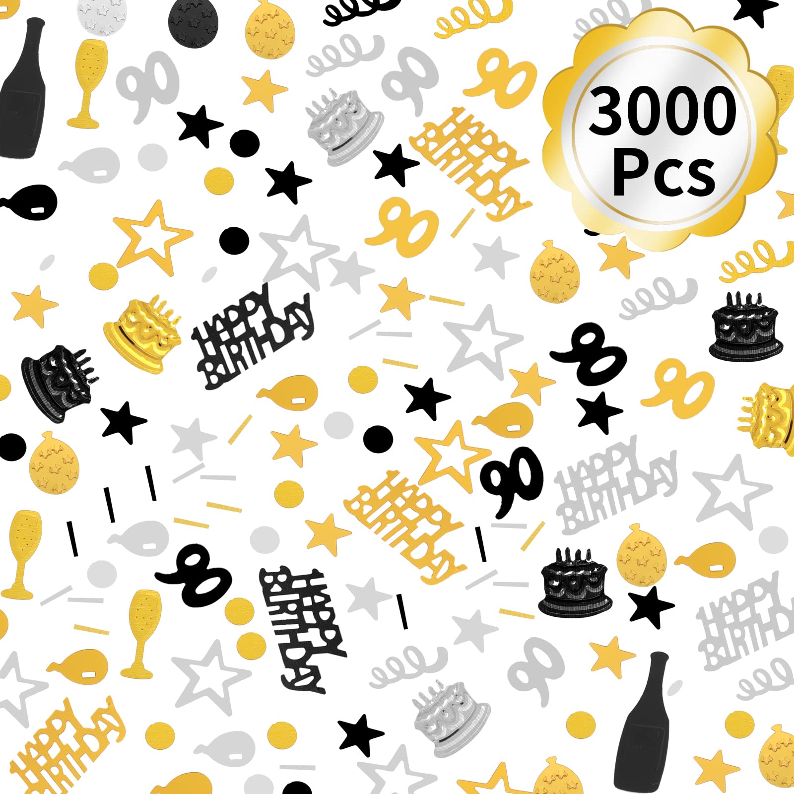 3000 Pieces 90th Birthday Confetti - Black Gold & Silver Glitter Cake & Table Decorations for Anniversaries, Parties | Perfect for 90th Birthday Celebrations, Milestone Events & Festive Gatherings