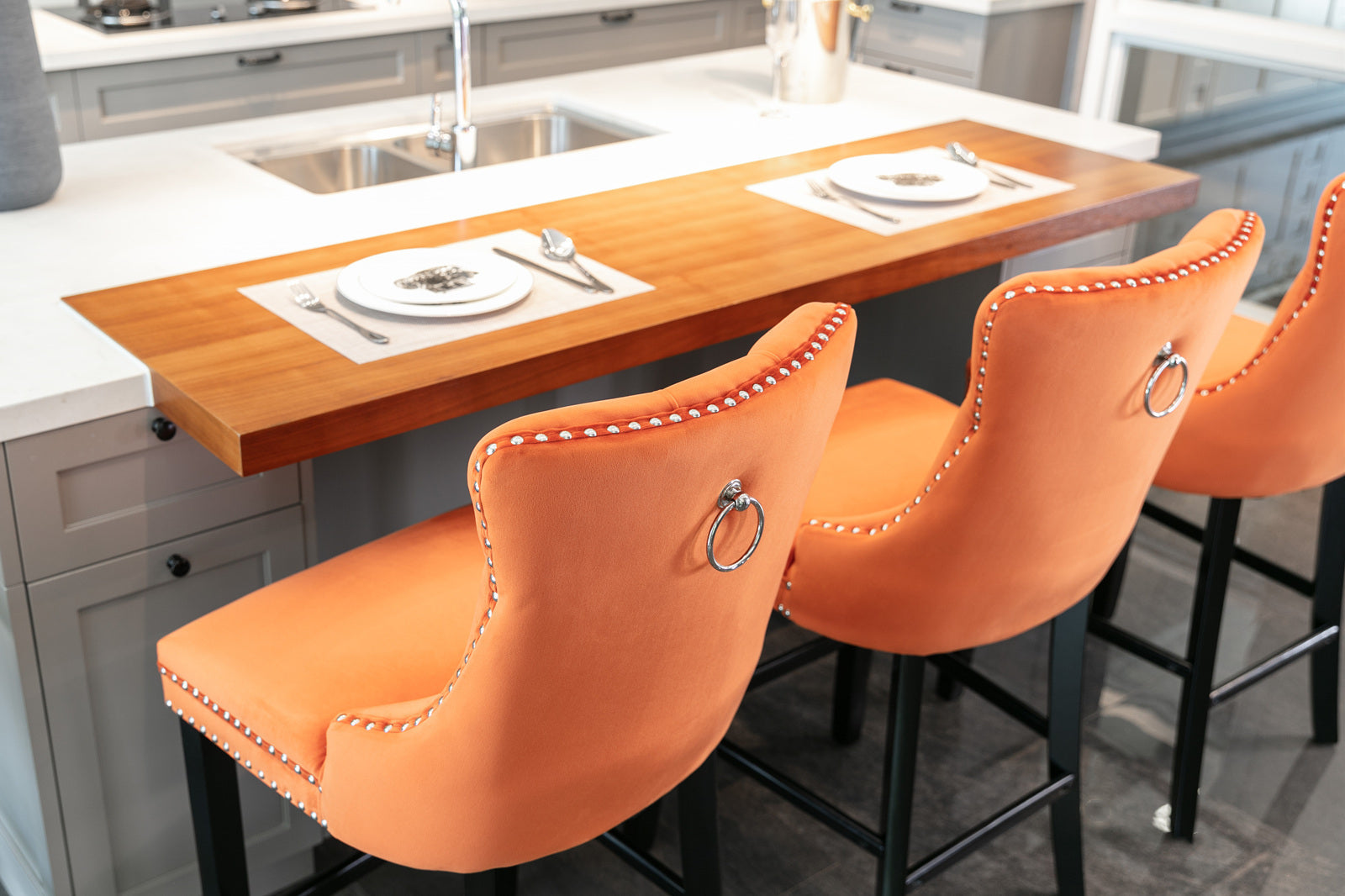 Luxury Velvet Bar Stools Set of 2 - Modern Button Tufted Bar Chairs with Wooden Legs & Chrome Nailhead Trim - Orange Upholstered Counter Stools for Kitchen Island, Home Bar & Dining Room Decor