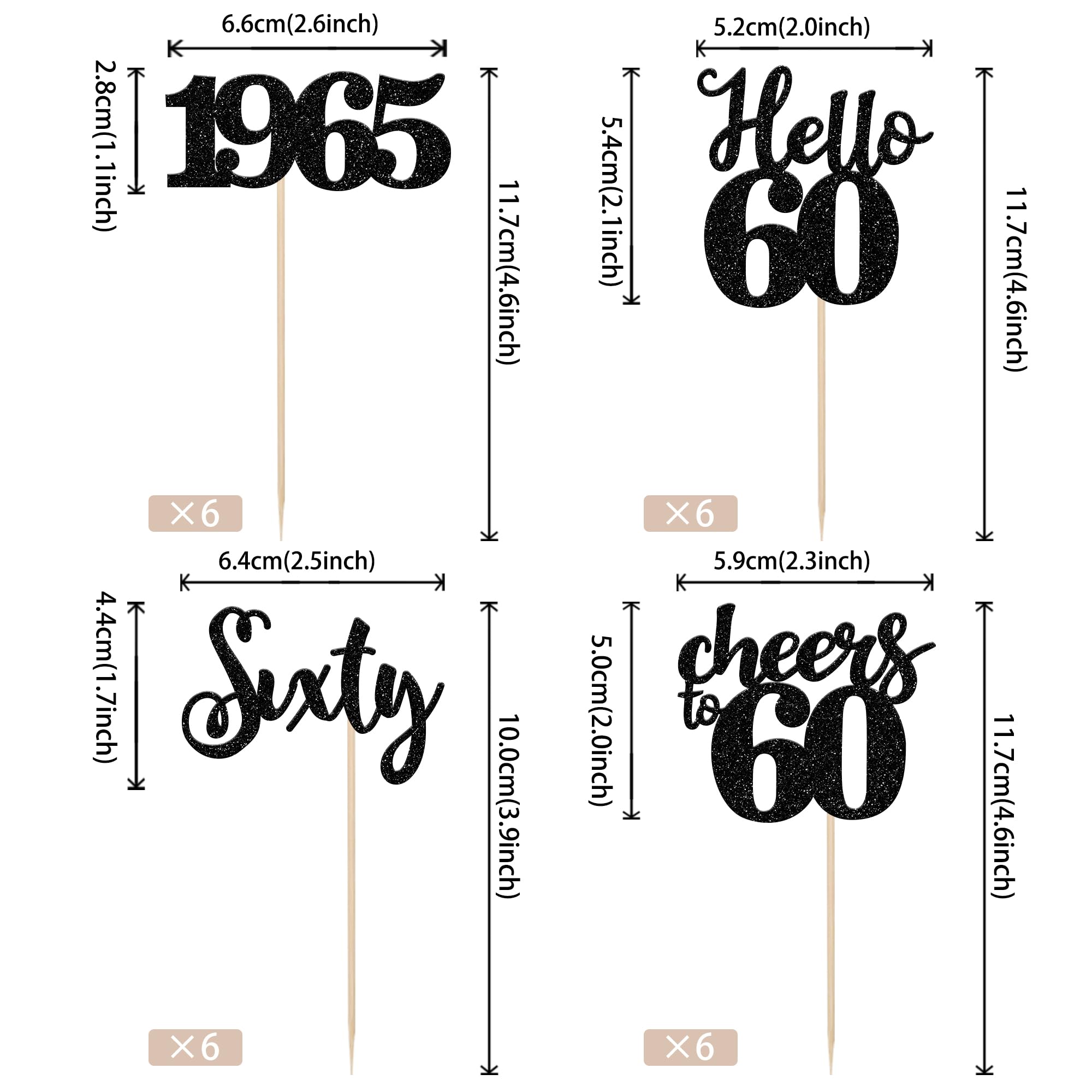 24 PCS Black Glitter 60th Birthday Cupcake Toppers - Hello 60 Sixty Cake Decorations for Happy 60th Birthday, Retirement Party, Anniversary - Cheers to 60 Since 1965 - Perfect for Milestone Celebrations & Cake Decorating Supplies