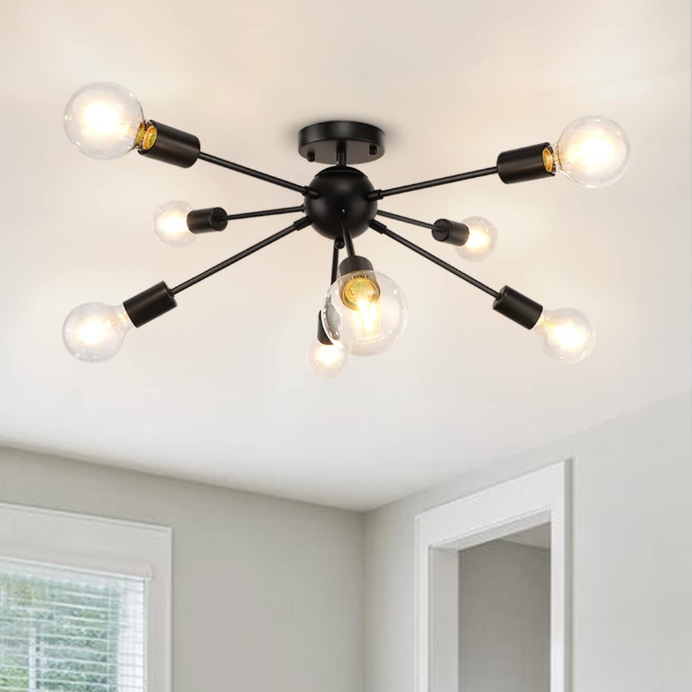 LynPon Black 8-Light Semi Flush Mount Ceiling Light Fixture - Retro Industrial Sputnik Chandelier for Kitchen, Living Room, Dining Room, Bedroom & Hallway | Vintage Lighting for Modern Homes & Commercial Spaces