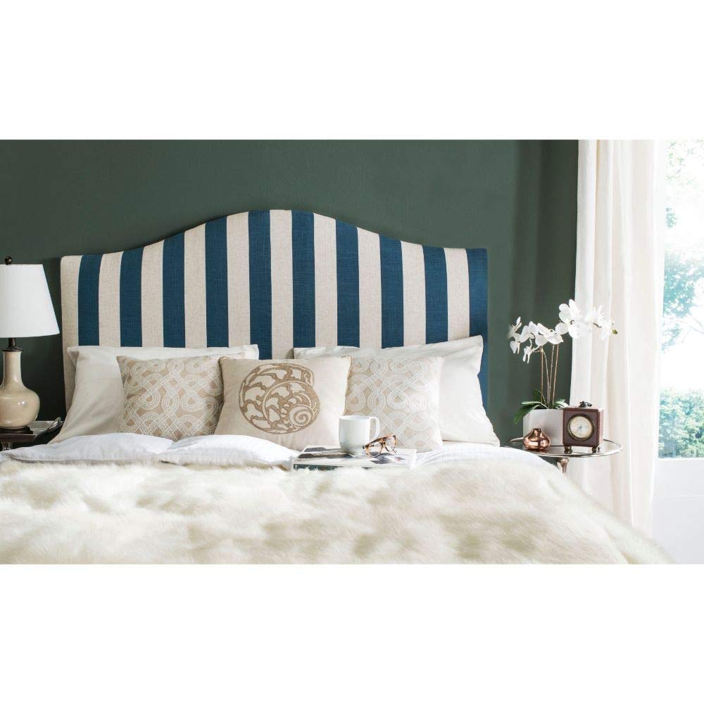 Safavieh Connie Navy and White Stripe Upholstered Camelback Headboard - Queen Size Bed Frame Headboard for Modern Bedroom Decor, Perfect for Master Bedroom, Guest Room & Home Staging