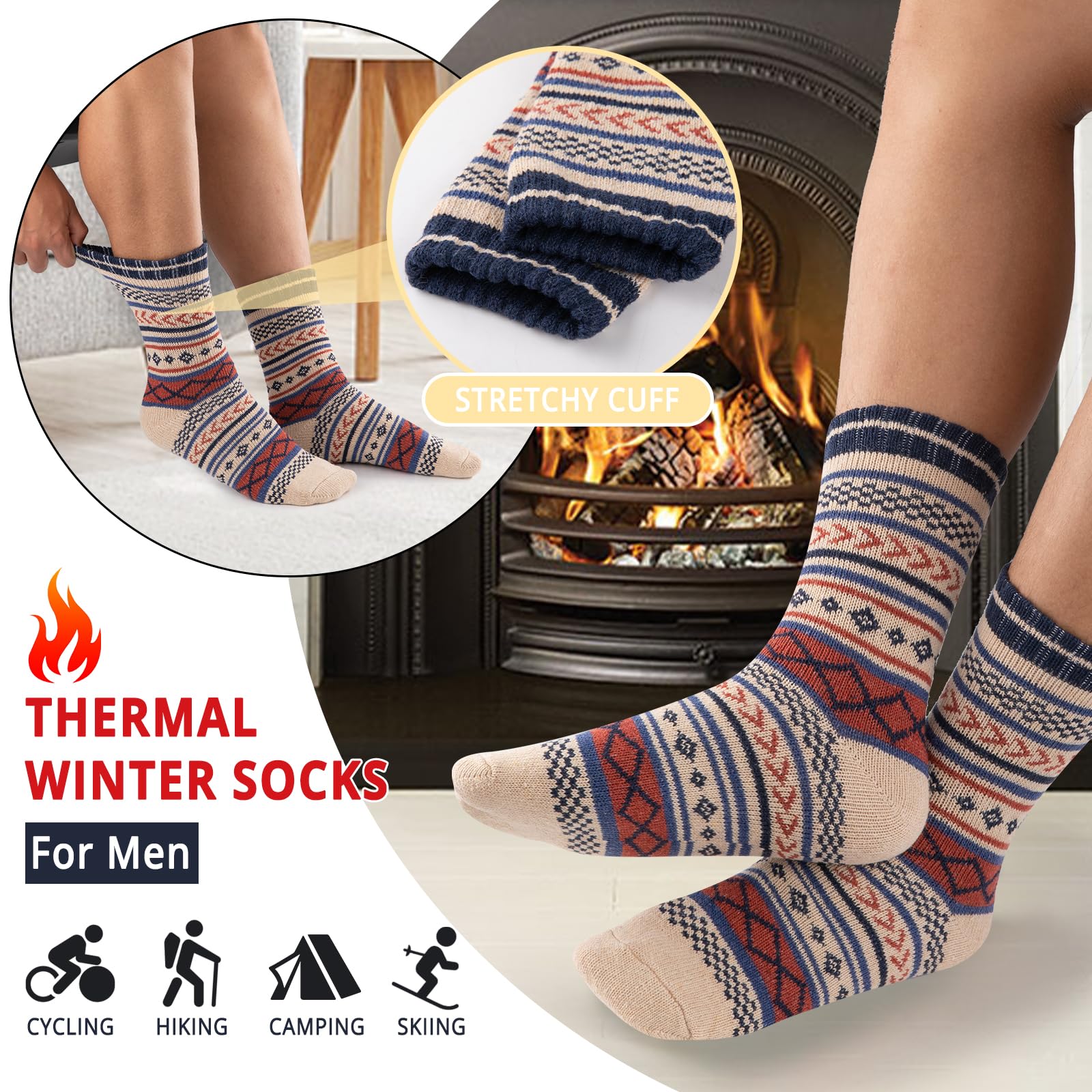 COOVAN Men's Wool Socks 5-Pack - Warm Thick Winter Thermal Crew Socks for Hiking, Outdoor & Casual Wear - Soft Knit Merino Wool Blend Socks for Cold Weather Comfort