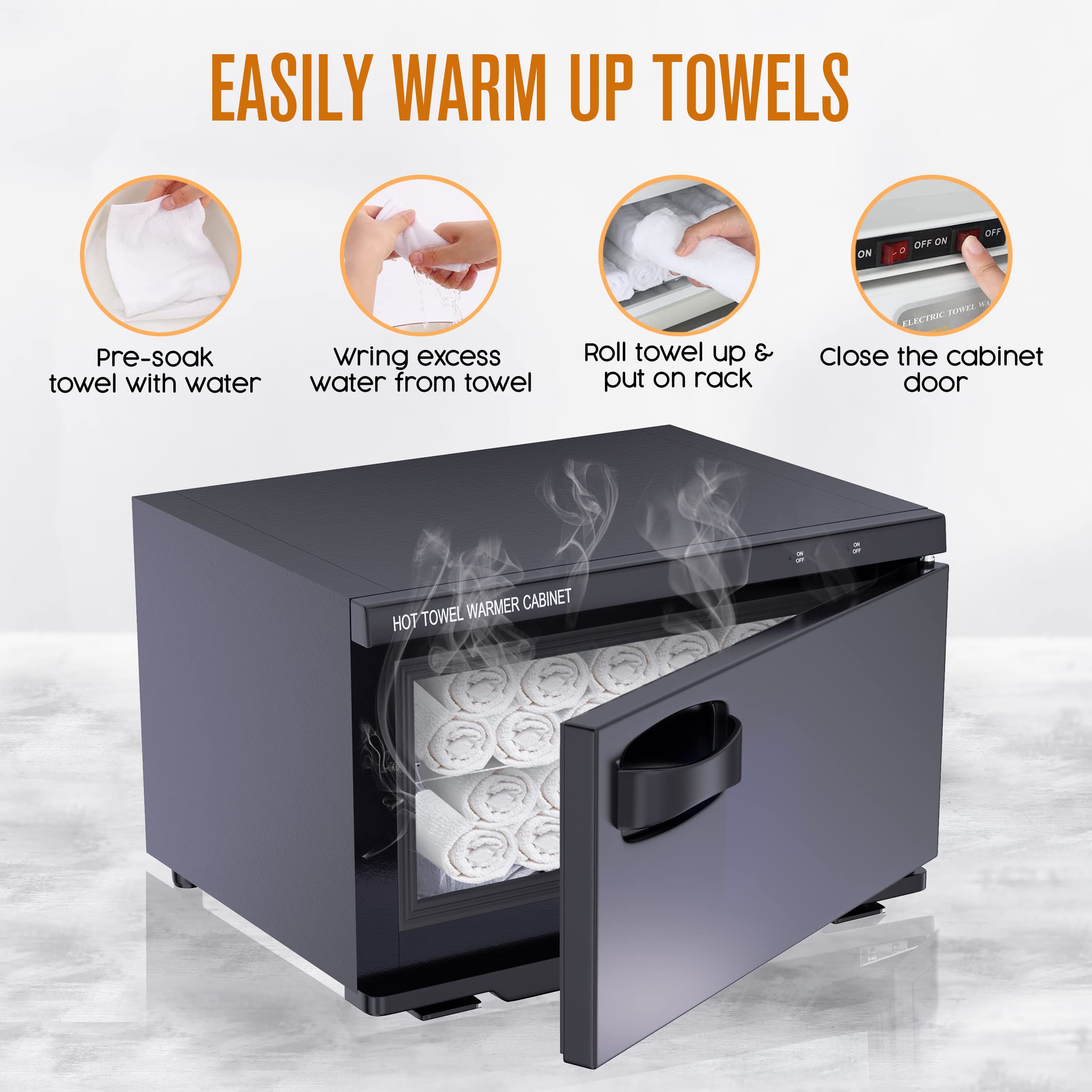 Houseables Towel Warmer Cabinet - 18L Black Hot Towel Steamer with UV Sterilization for Spa, Salon & Massage - Includes 2 Tongs & 5 Towels (11