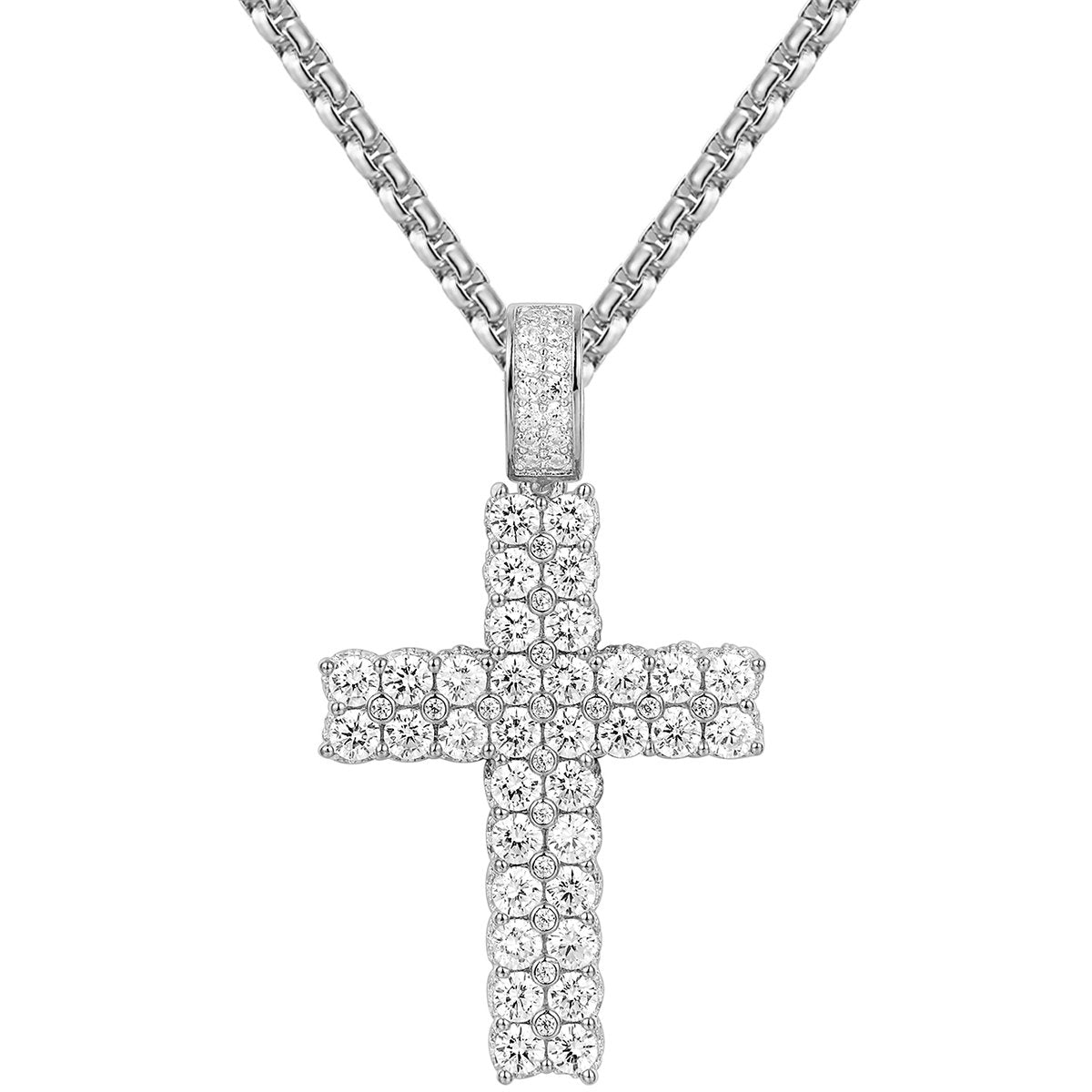 Sterling Silver Two Row Solitaire Bling Cross Pendant Necklace for Women - Elegant Religious Jewelry Gift for Baptism, Confirmation & Everyday Wear