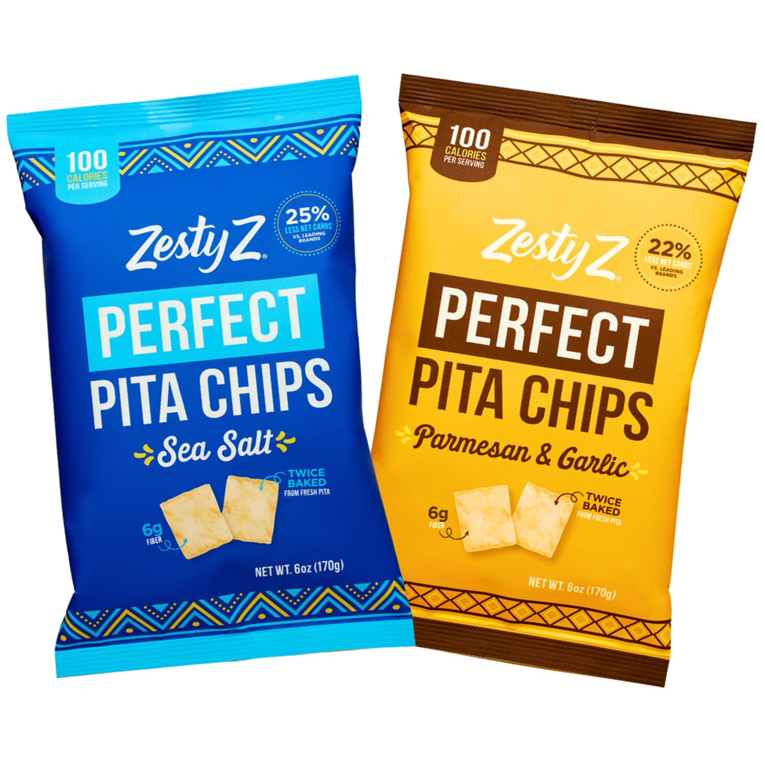Zesty Z High Fiber Pita Chips Variety Pack - Low Carb Healthy Snacks (100 Calories per Serving) - Sea Salt & Parmesan Garlic Flavors - Perfect for Hummus, Guacamole & Dips - 6oz (Pack of 4) - Ideal for Keto Diet, Weight Loss & Office Snacking