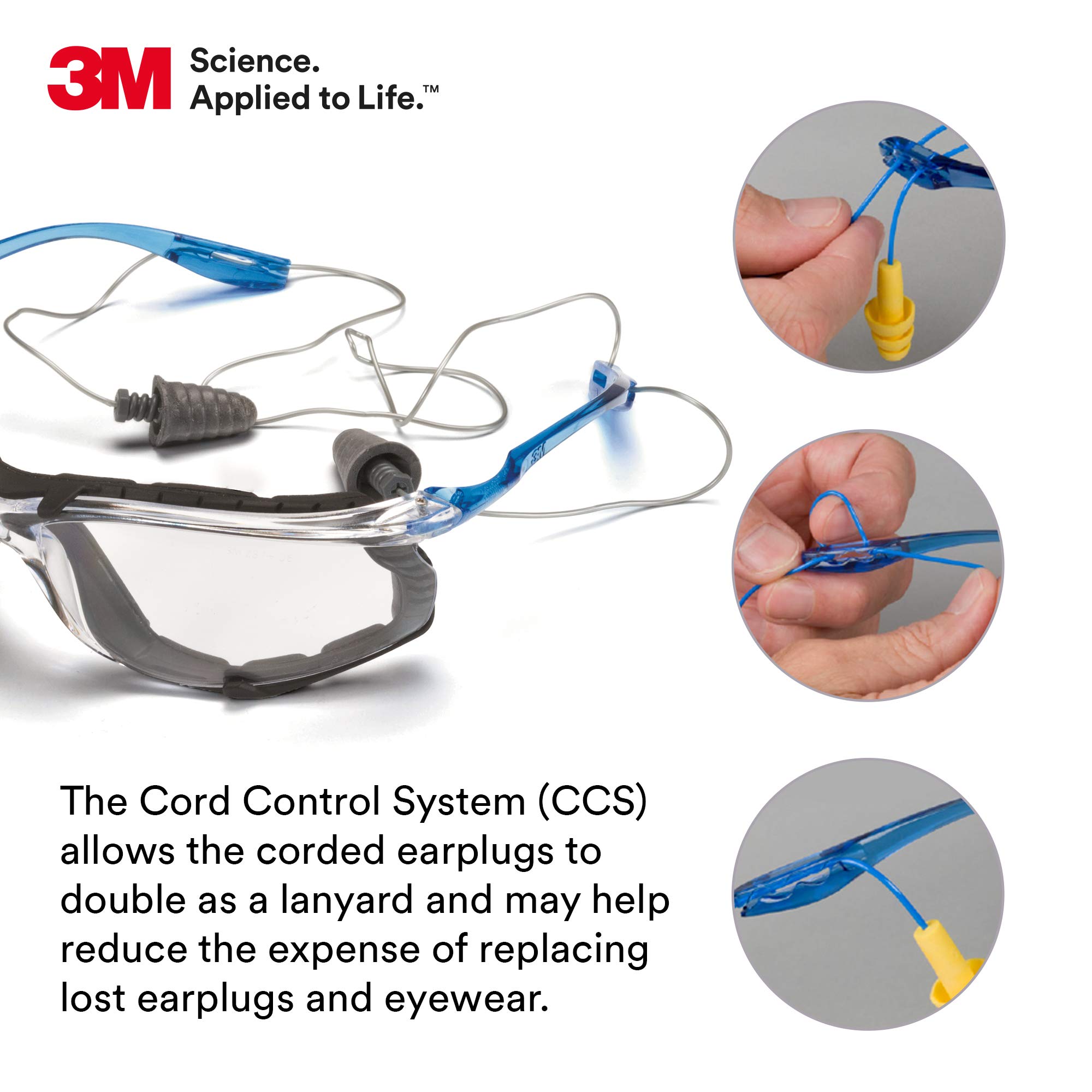 3M Virtua CCS Safety Glasses with +2.5 Readers - ANSI Z87.1 Certified, Anti-Fog Clear Lens & Frame, Blue Arms, Corded Ear Plug System, Removable Foam Gasket (20-Pack) - Perfect for Construction, Lab Work & DIY Projects