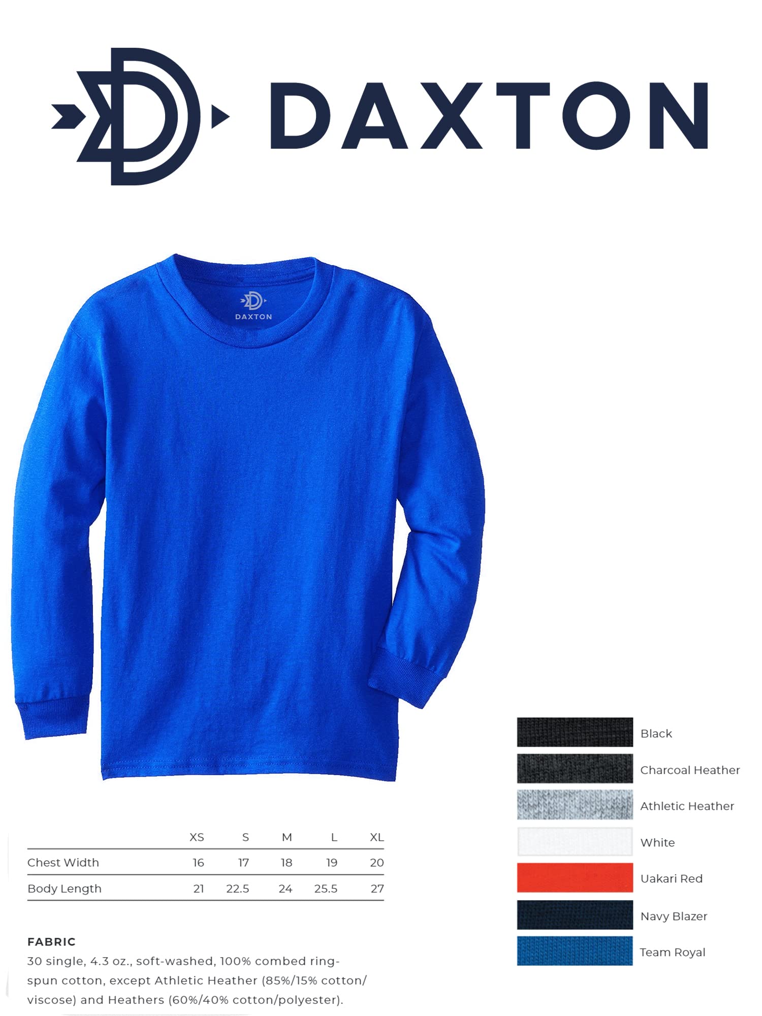 Daxton Youth Long Sleeve Brooklyn Basic T-Shirt - Soft Cotton Comfort Fit Casual Shirt for Boys, Perfect for School, Playdates & Everyday Wear