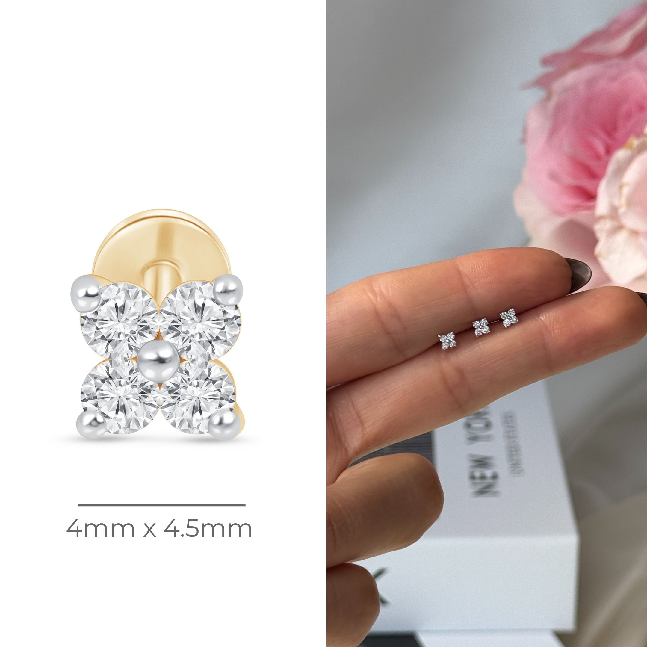 14K Yellow Gold Diamond Four-Petal Flower Flat Back Stud Earrings for Women - Perfect for Weddings, Parties & Everyday Elegance