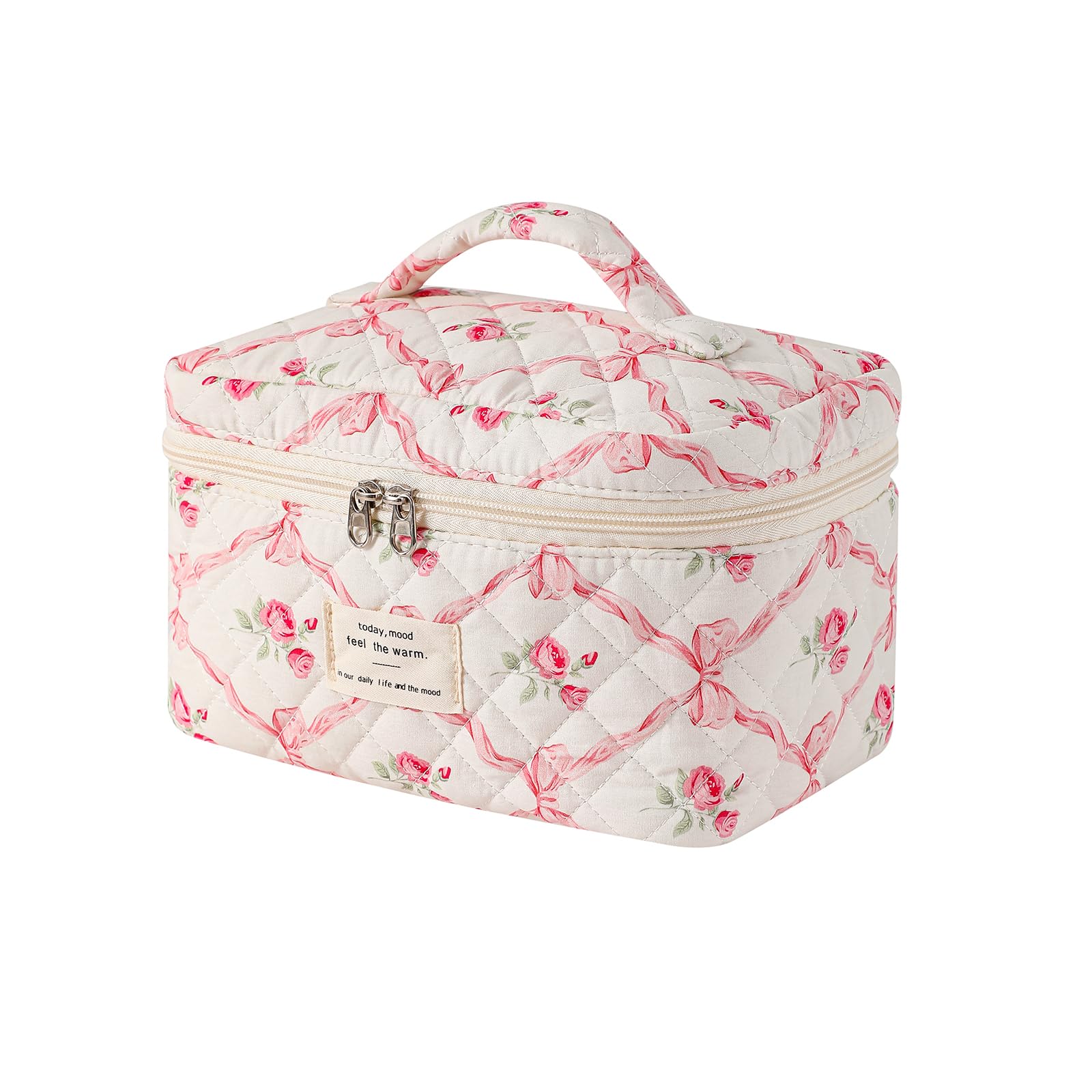 Large Quilted Makeup Bag for Women & Girls - Cute Floral Cotton Cosmetic Organizer - Aesthetic Travel Toiletry Pouch with Pink Bows - Perfect for Travel, Gym & Daily Beauty Essentials