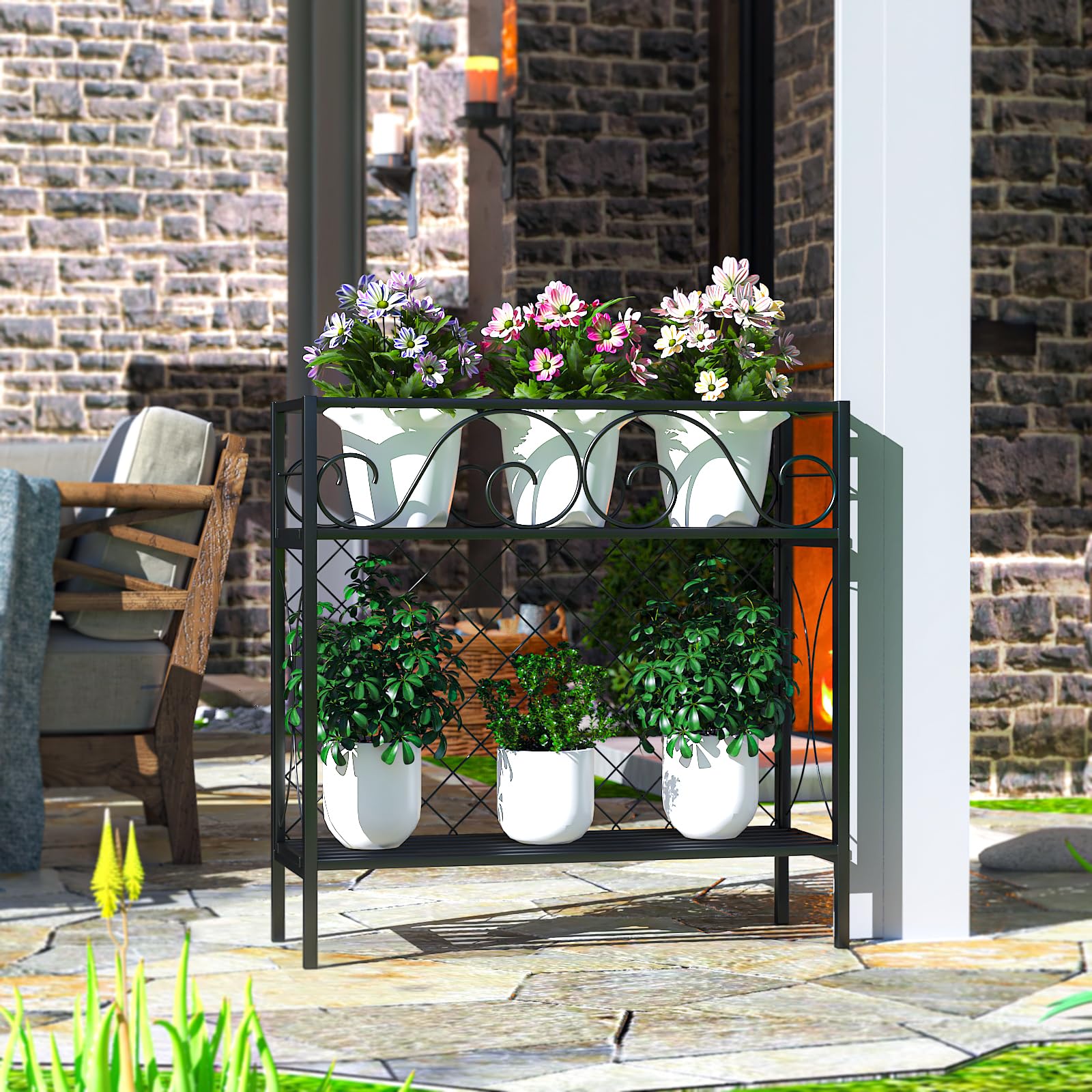 2 Tier Heavy Duty Metal Plant Stand - Indoor Outdoor Potted Plant Shelf with Privacy Railing Panels - Sturdy Planter for Small Spaces, Raised Garden Bed for Vegetables & Flowers - Perfect for Backyard, Patio, Balcony & Home Decor