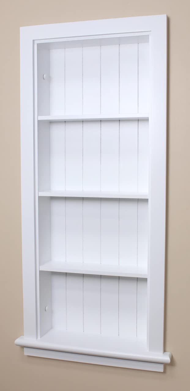 Fox Hollow Furnishings 14x36 Aiden Recessed Wall Niche Medicine Cabinet - Solid Wood Bathroom Storage Shelf with Beadboard Design, White - Made in USA - Perfect for Bathroom Organization & Small Space Storage